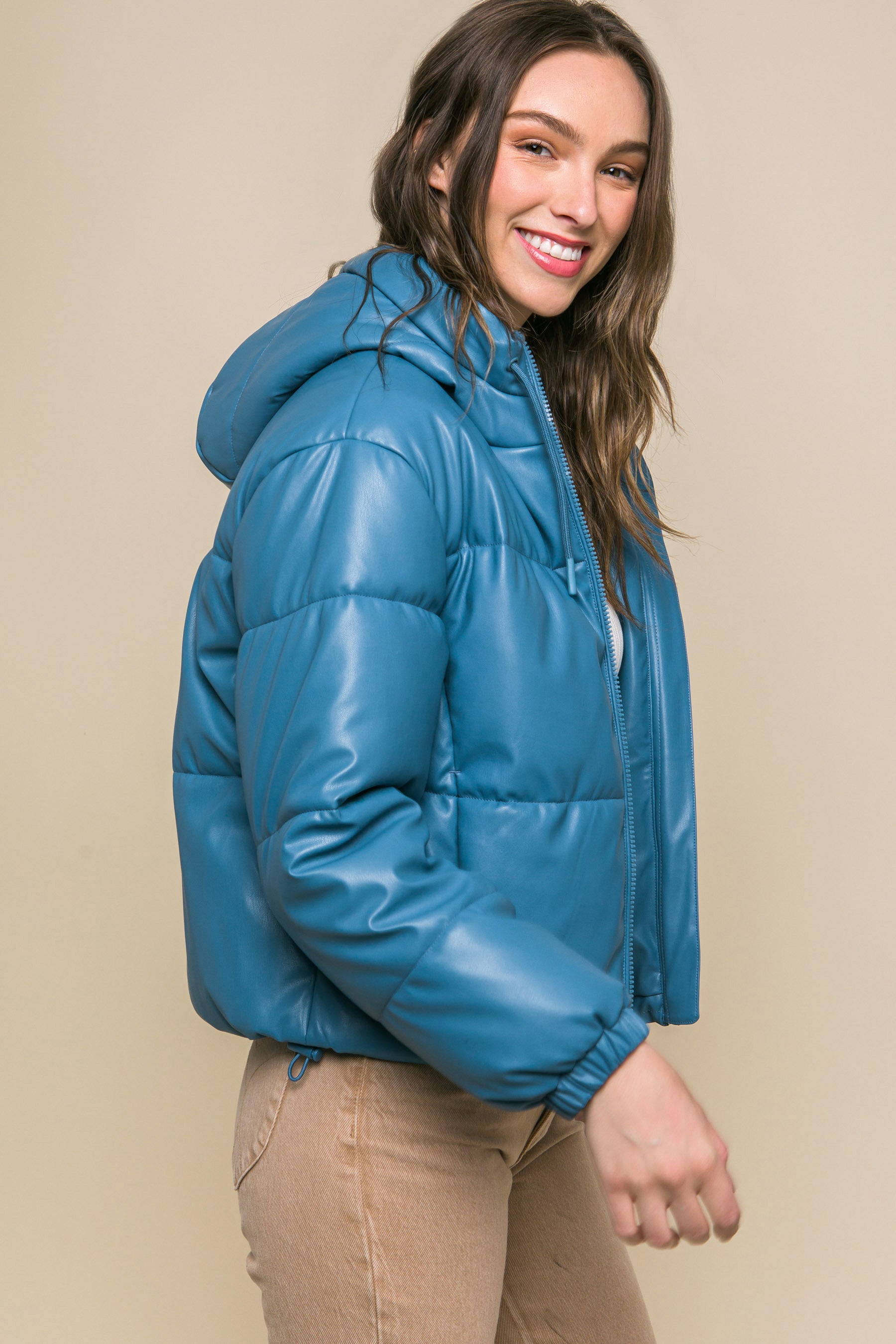 Pu Faux Leather Zipper Hooded Puffer Jacket-58237b.S-Select Size: S, M, L-Love It Clothing