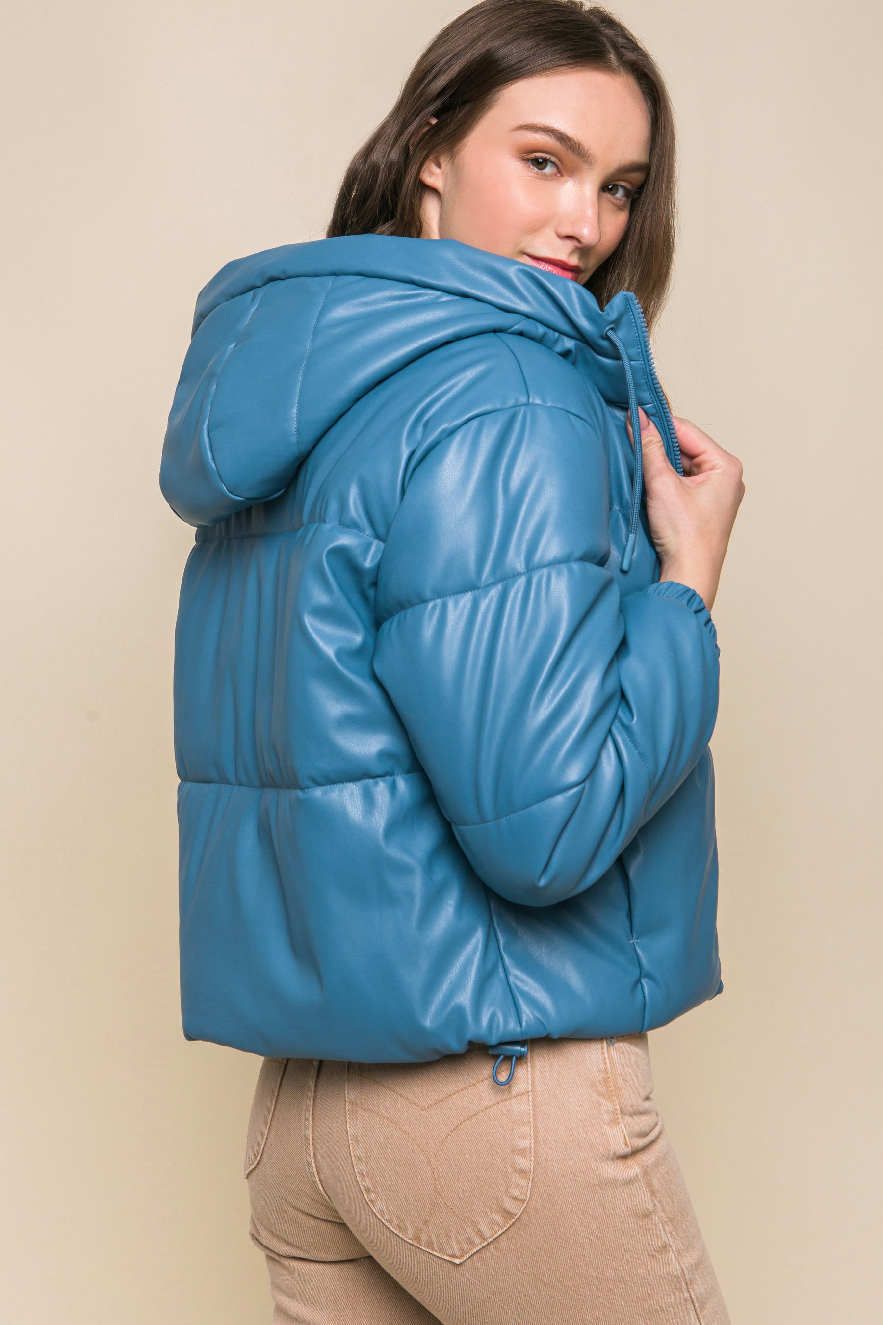 Pu Faux Leather Zipper Hooded Puffer Jacket-58237b.S-Select Size: S, M, L-Love It Clothing