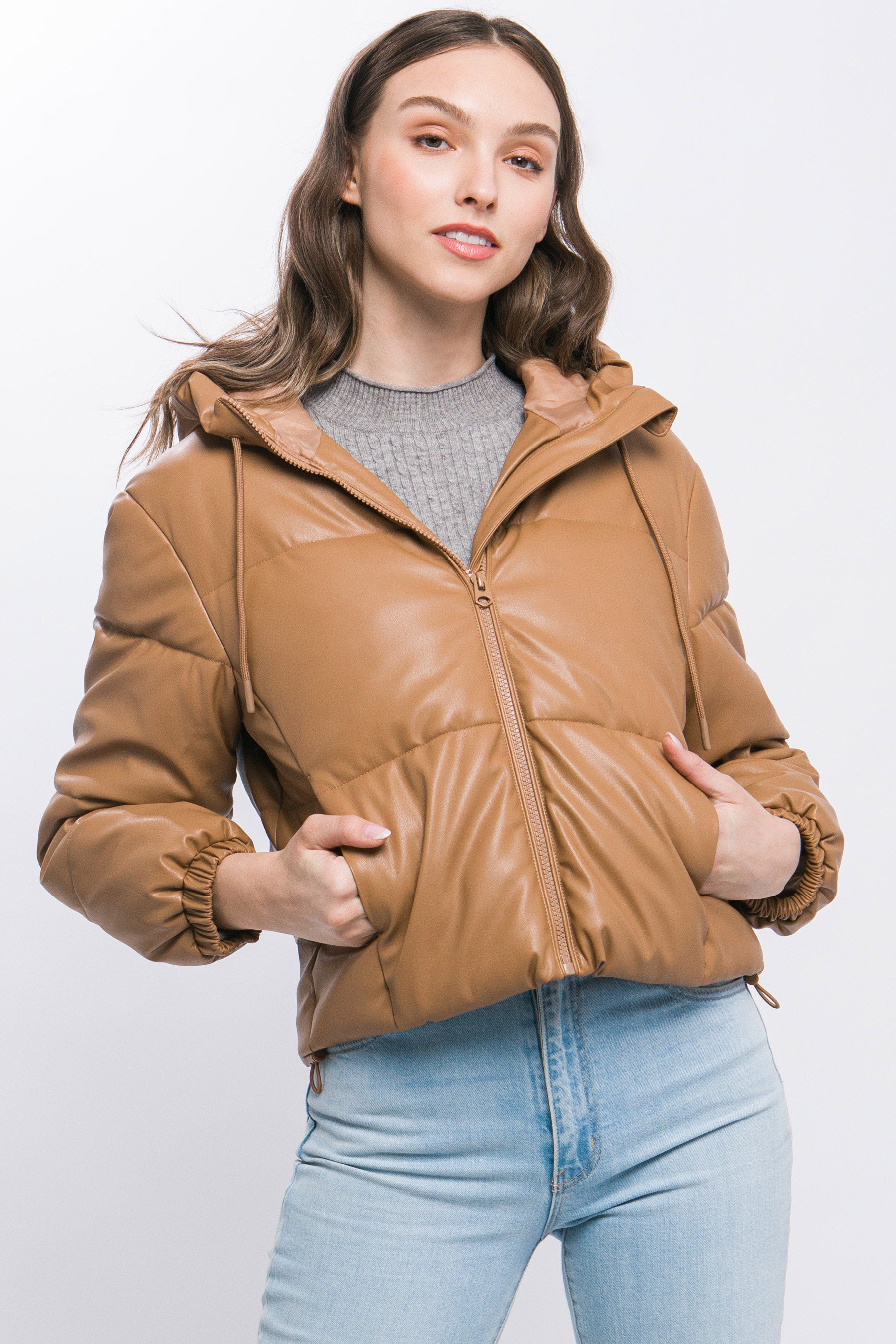 Pu Faux Leather Zipper Hooded Puffer Jacket-58237b.S-Select Size: S, M, L-Love It Clothing