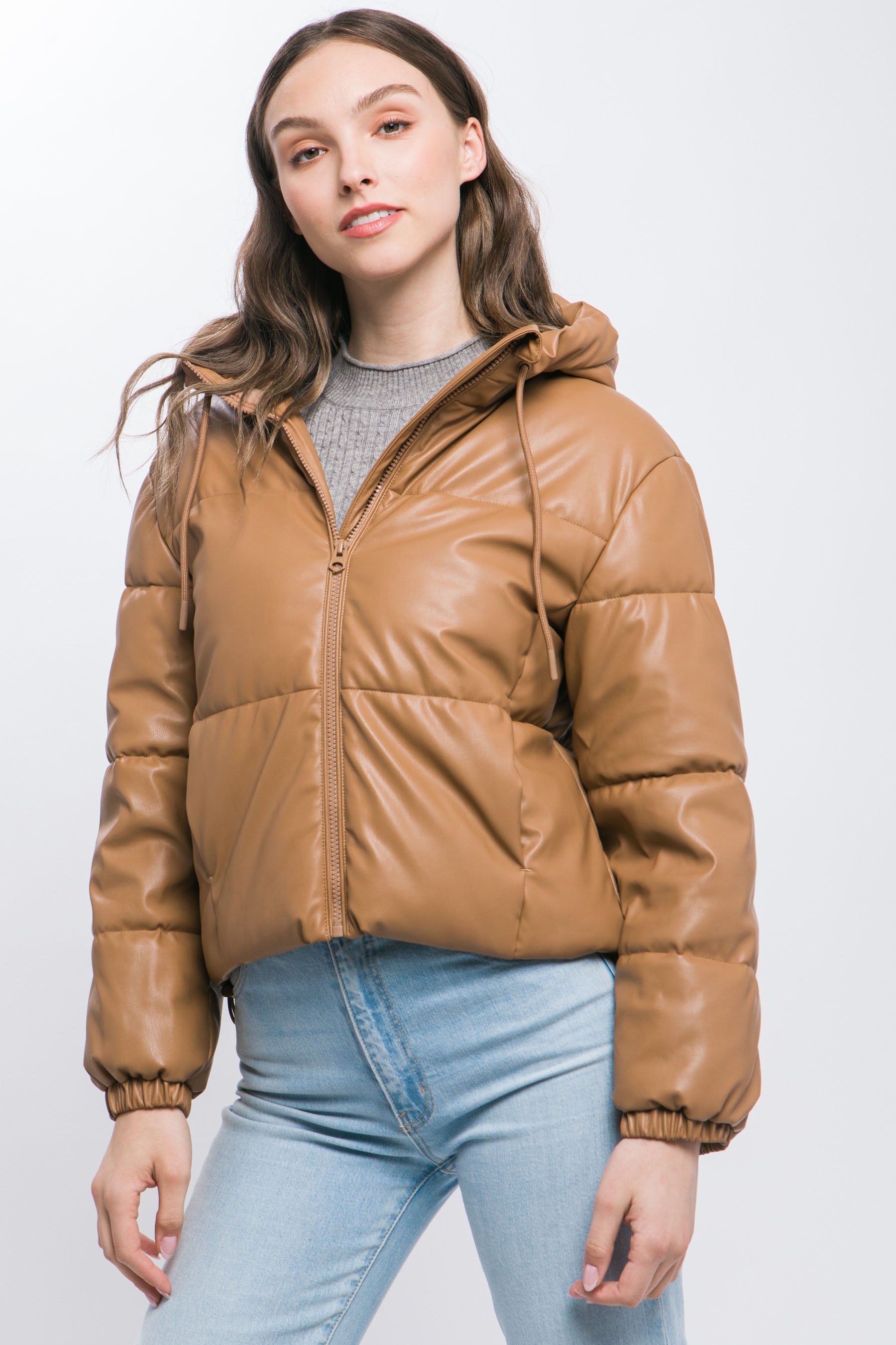 Pu Faux Leather Zipper Hooded Puffer Jacket-58237b.S-Select Size: S, M, L-Love It Clothing