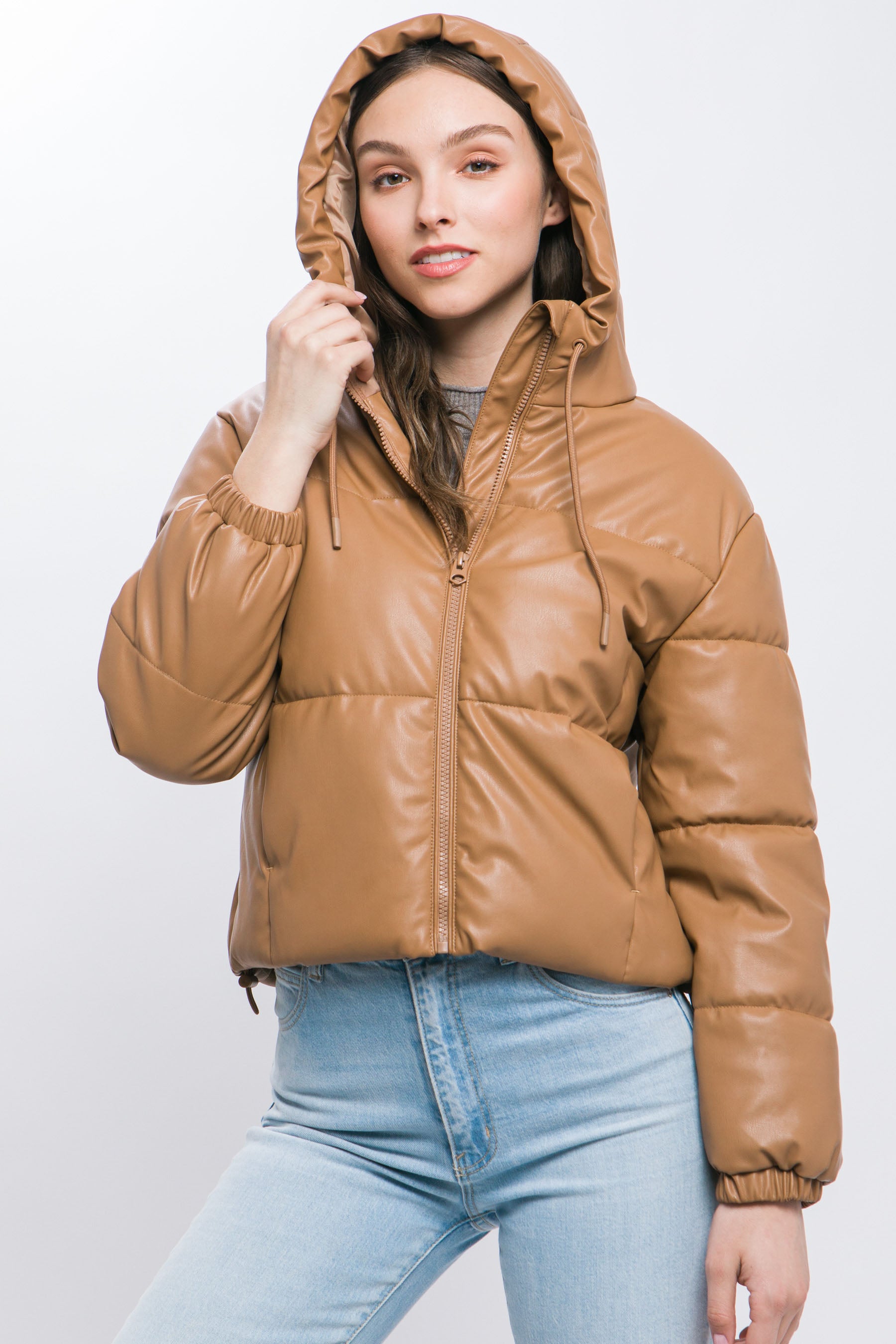 Pu Faux Leather Zipper Hooded Puffer Jacket-58237b.S-Select Size: S, M, L-Love It Clothing