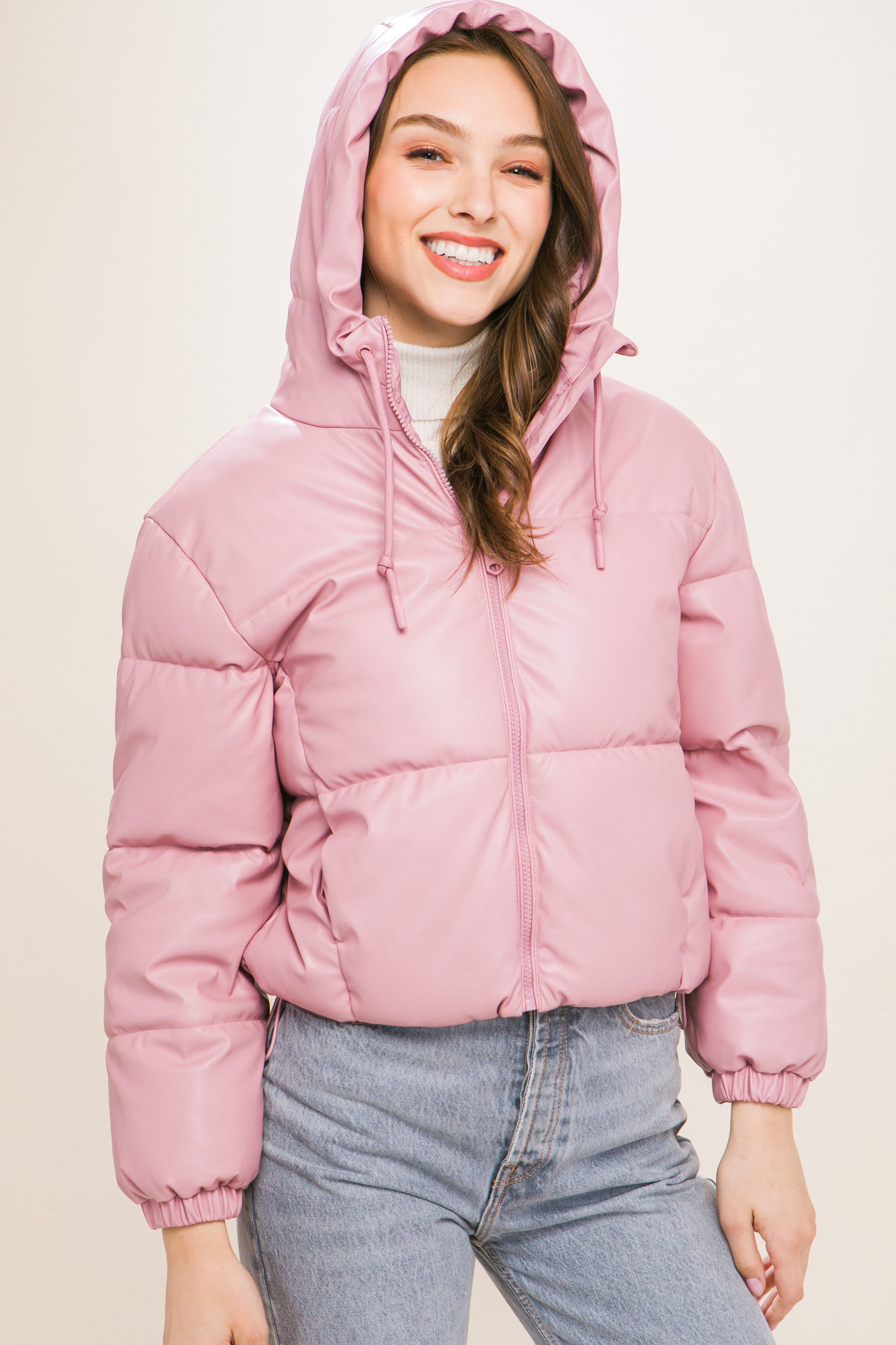 Pu Faux Leather Zipper Hooded Puffer Jacket-58237b.S-Select Size: S, M, L-Love It Clothing