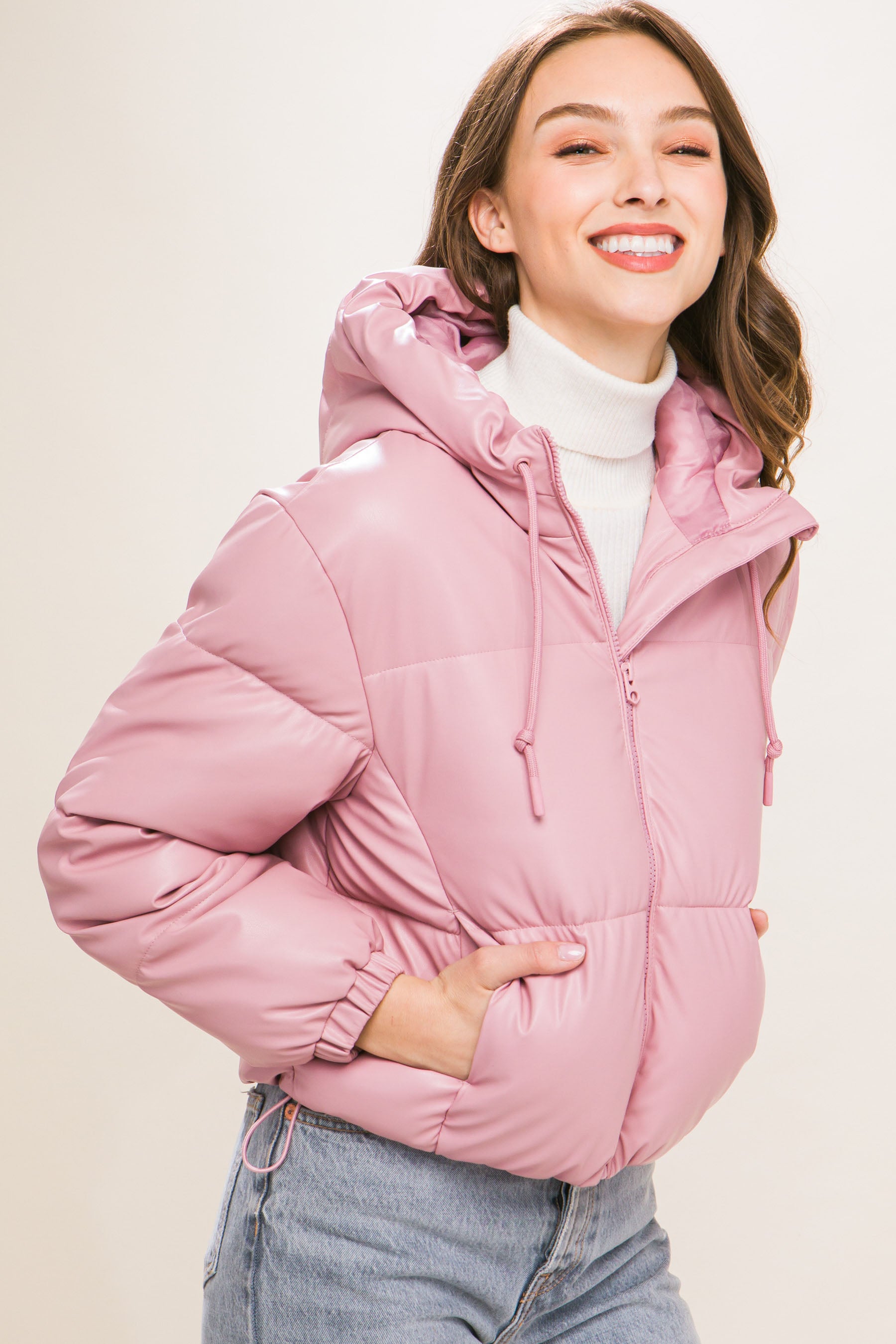 Pu Faux Leather Zipper Hooded Puffer Jacket-58237b.S-Select Size: S, M, L-Love It Clothing