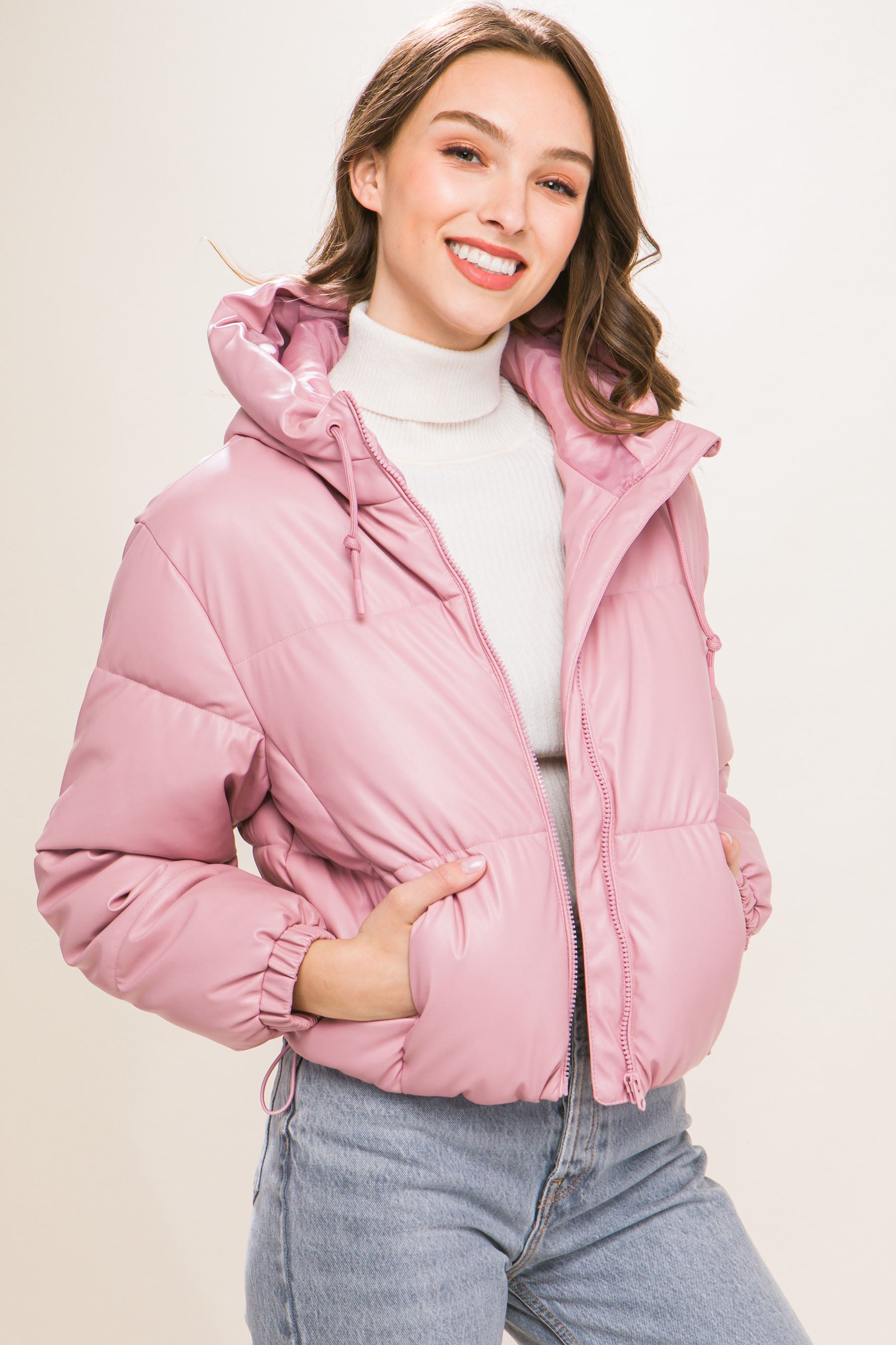 Pu Faux Leather Zipper Hooded Puffer Jacket-58237b.S-Select Size: S, M, L-Love It Clothing