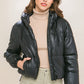 Pu Faux Leather Zipper Hooded Puffer Jacket