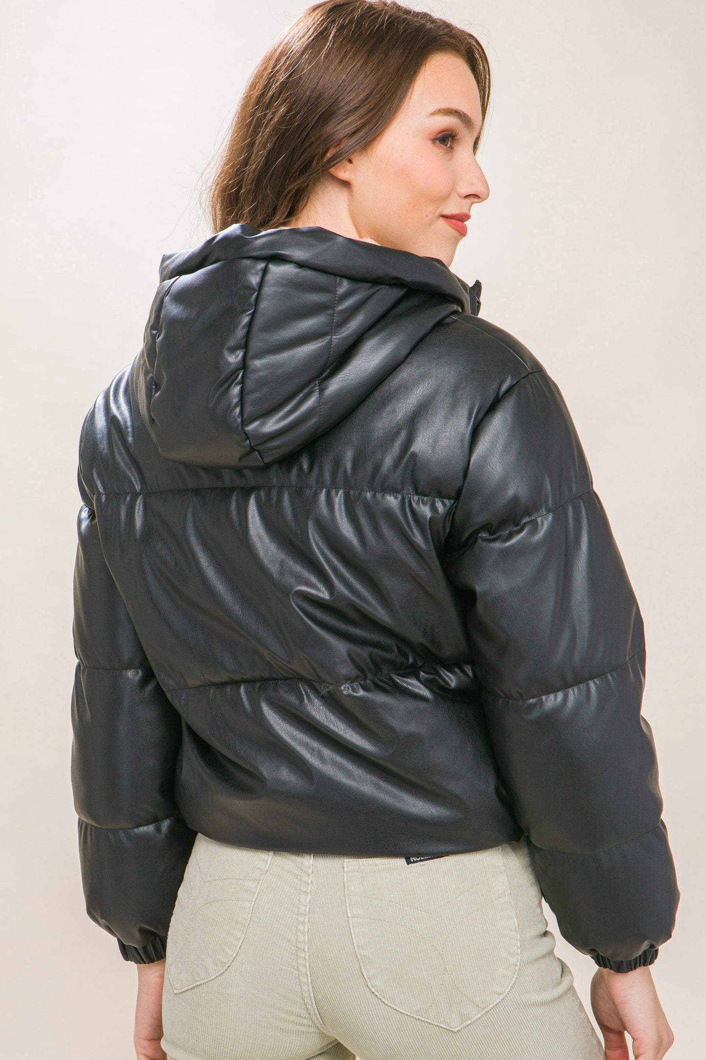 Pu Faux Leather Zipper Hooded Puffer Jacket-58237b.S-Select Size: S, M, L-Love It Clothing