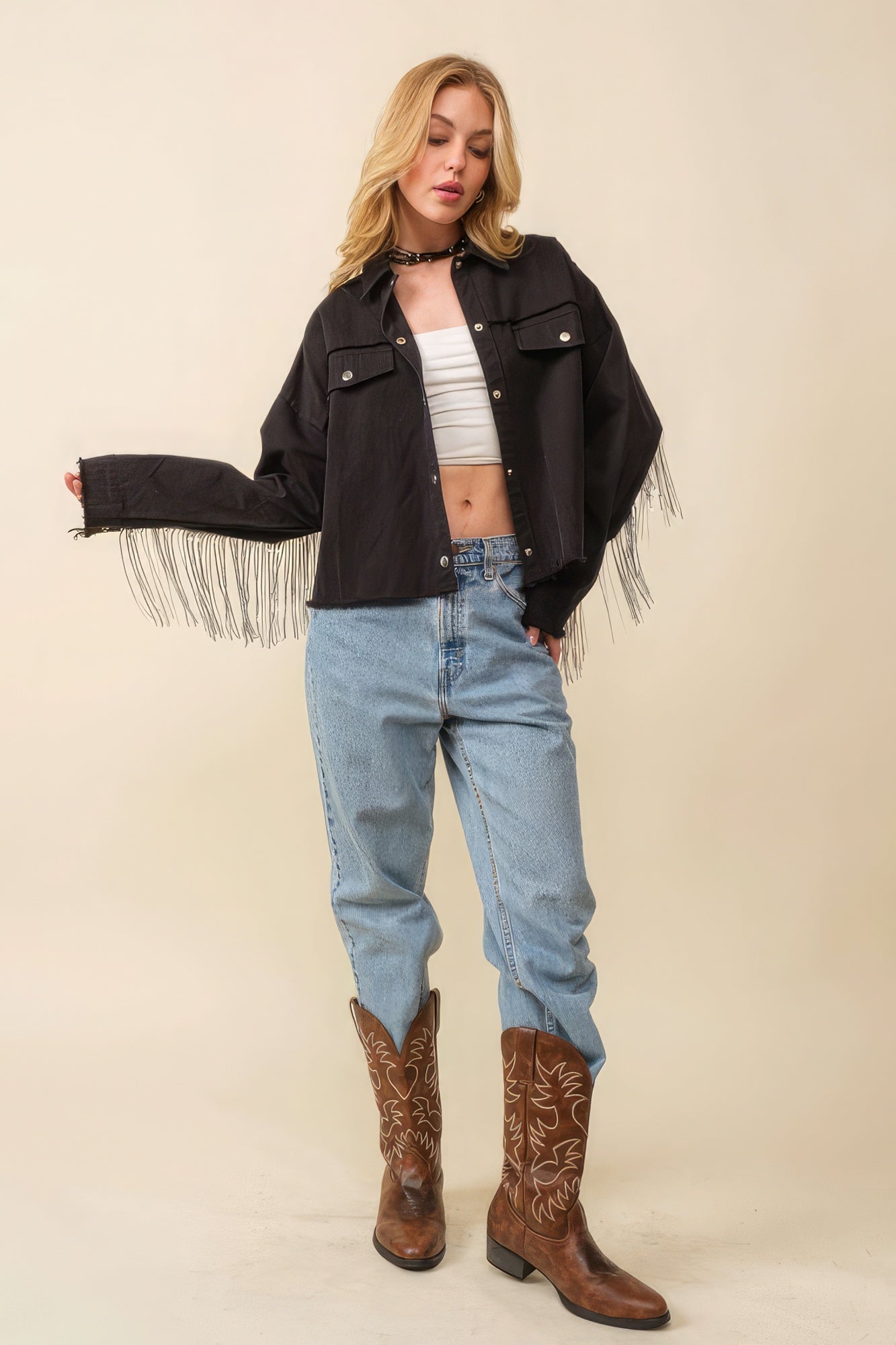 Howdy Sequin Fringe And Star Patches Jacket-58284.S-Select Size: S, M, L-Love It Clothing