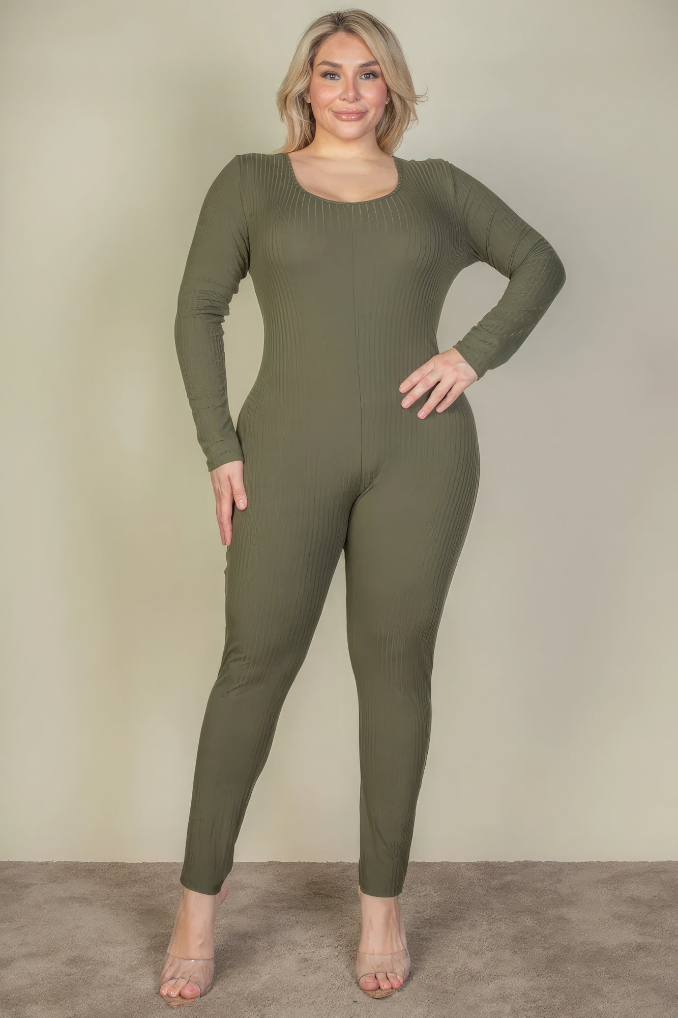 Plus Size Ribbed Scoop Neck Long Sleeve Jumpsuit-58288.1XL-Select Size: 1XL, 2XL, 3XL-Love It Clothing