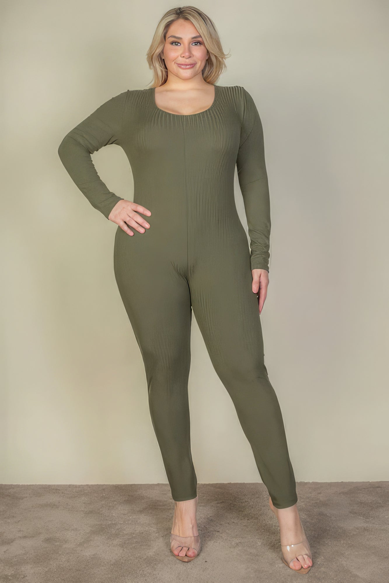 Plus Size Ribbed Scoop Neck Long Sleeve Jumpsuit-58288.1XL-Select Size: 1XL, 2XL, 3XL-Love It Clothing