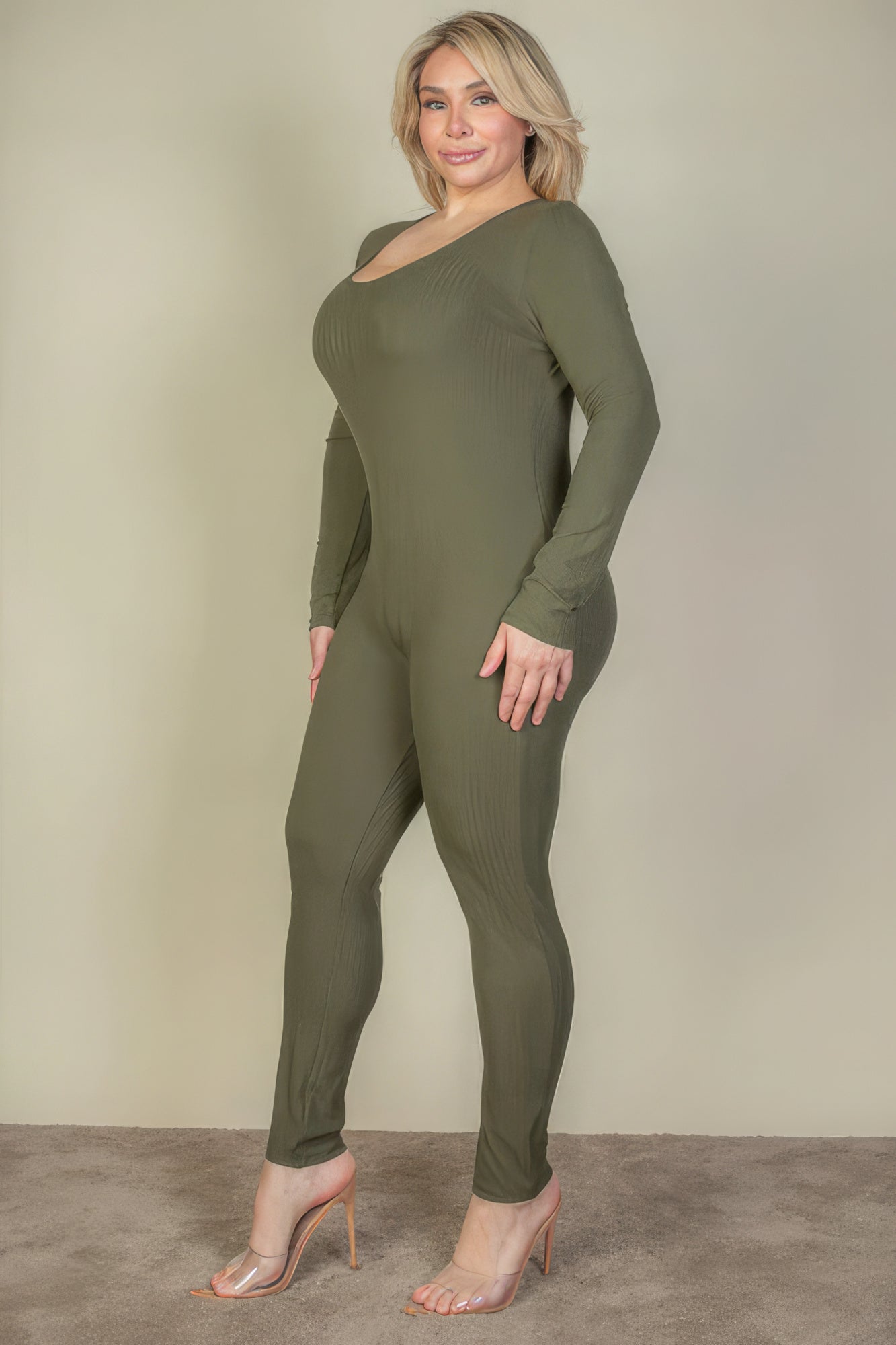 Plus Size Ribbed Scoop Neck Long Sleeve Jumpsuit-58288.1XL-Select Size: 1XL, 2XL, 3XL-Love It Clothing