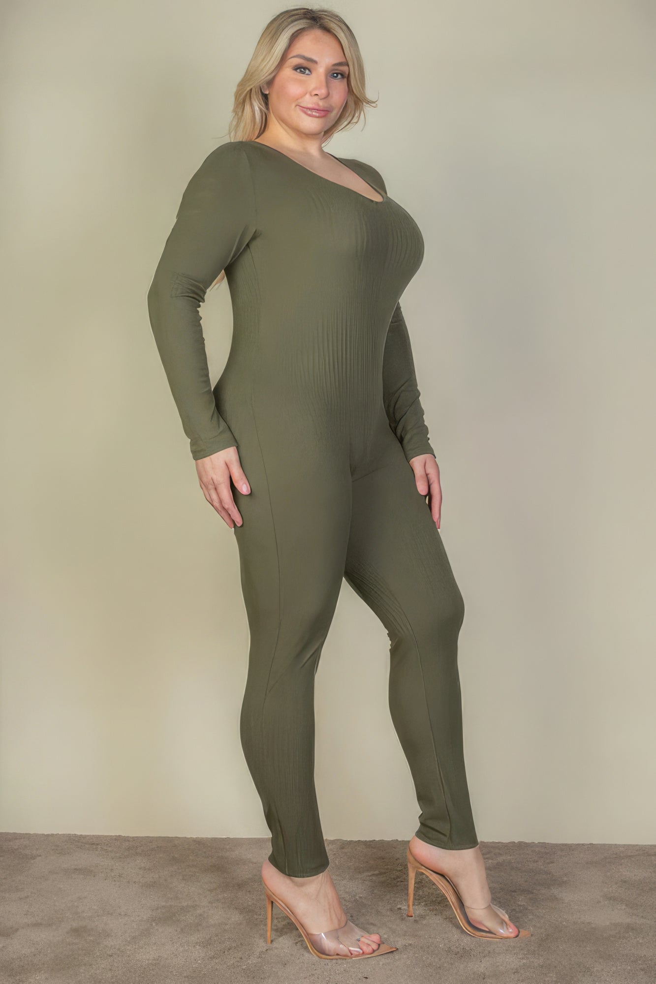 Plus Size Ribbed Scoop Neck Long Sleeve Jumpsuit-58288.1XL-Select Size: 1XL, 2XL, 3XL-Love It Clothing