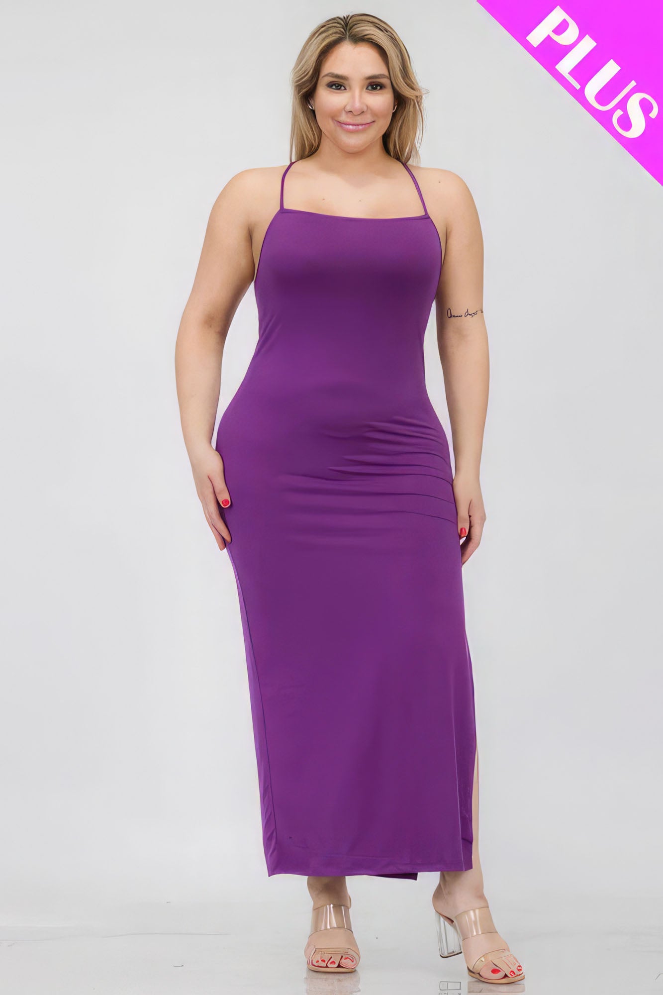 Plus Size Crisscross Back Split Thigh Maxi Dress-58289b.1XL-Select Size: 1XL, 2XL, 3XL-Love It Clothing