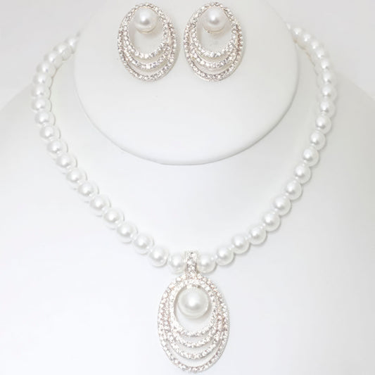 Rhinestone Pearl Necklace And Earring Set