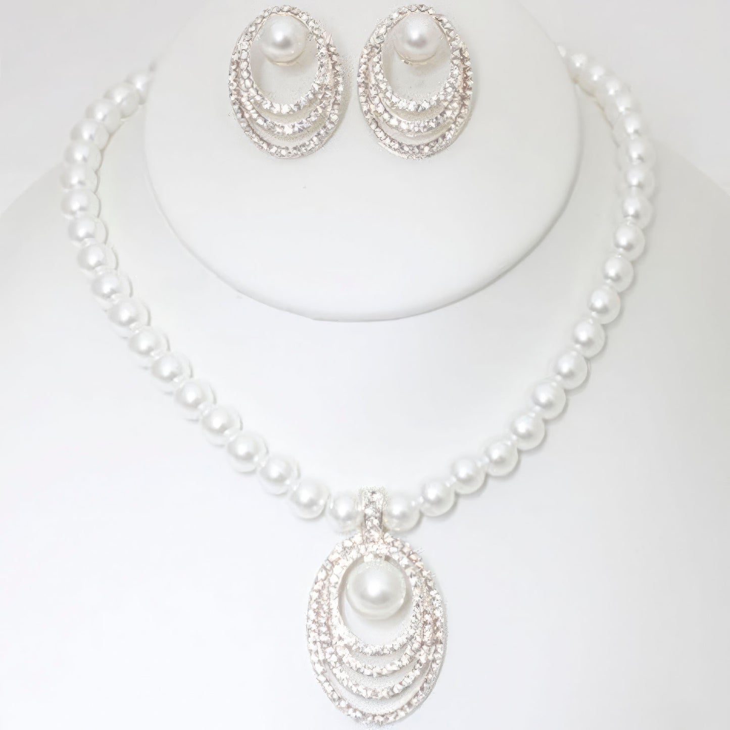 Rhinestone Pearl Necklace And Earring Set-58293.SLWH--Love It Clothing