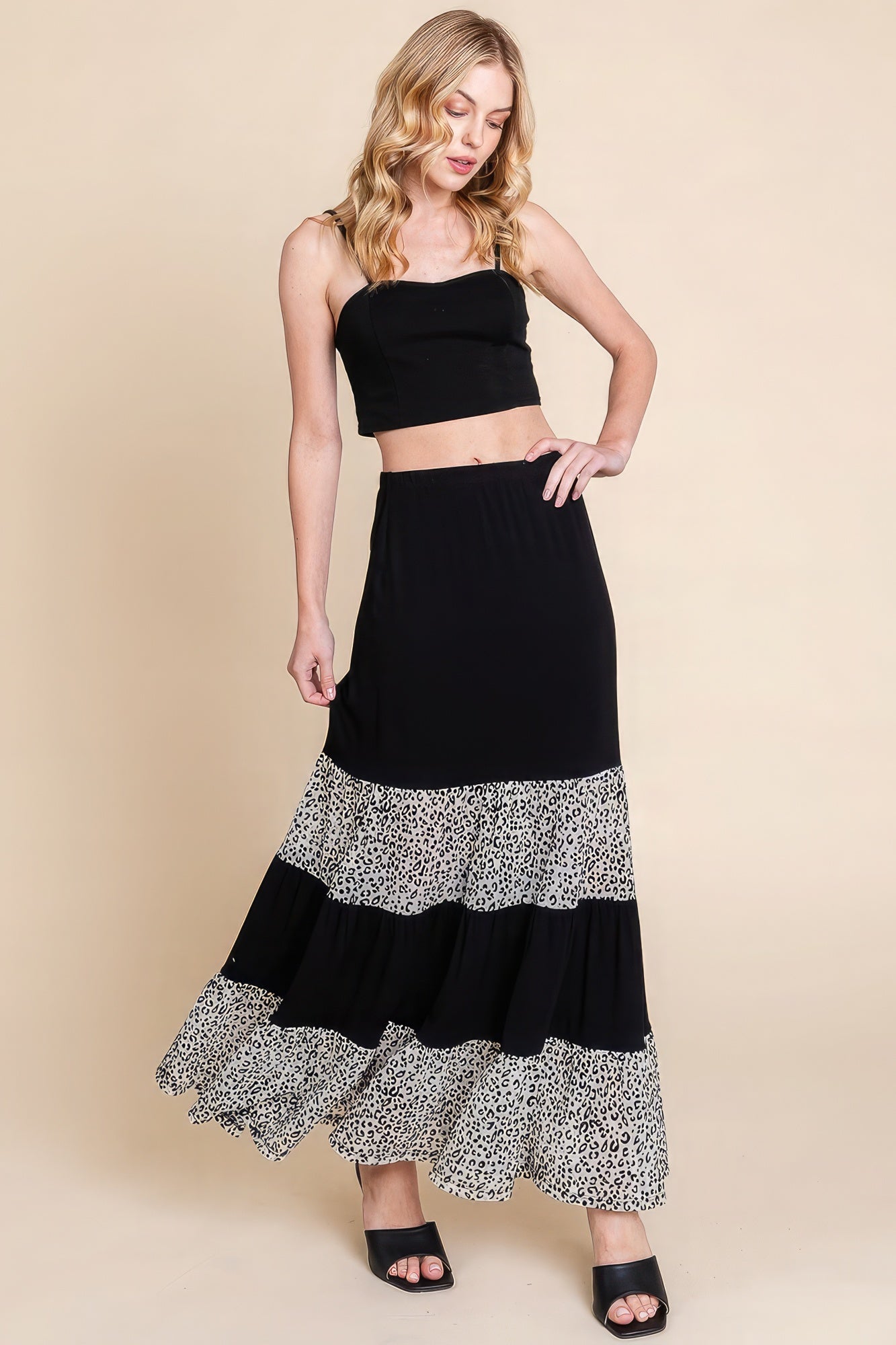 Long Tiered Contrast Fashion Skirt With Velvet Animal Print Mesh-58302.S--Love It Clothing