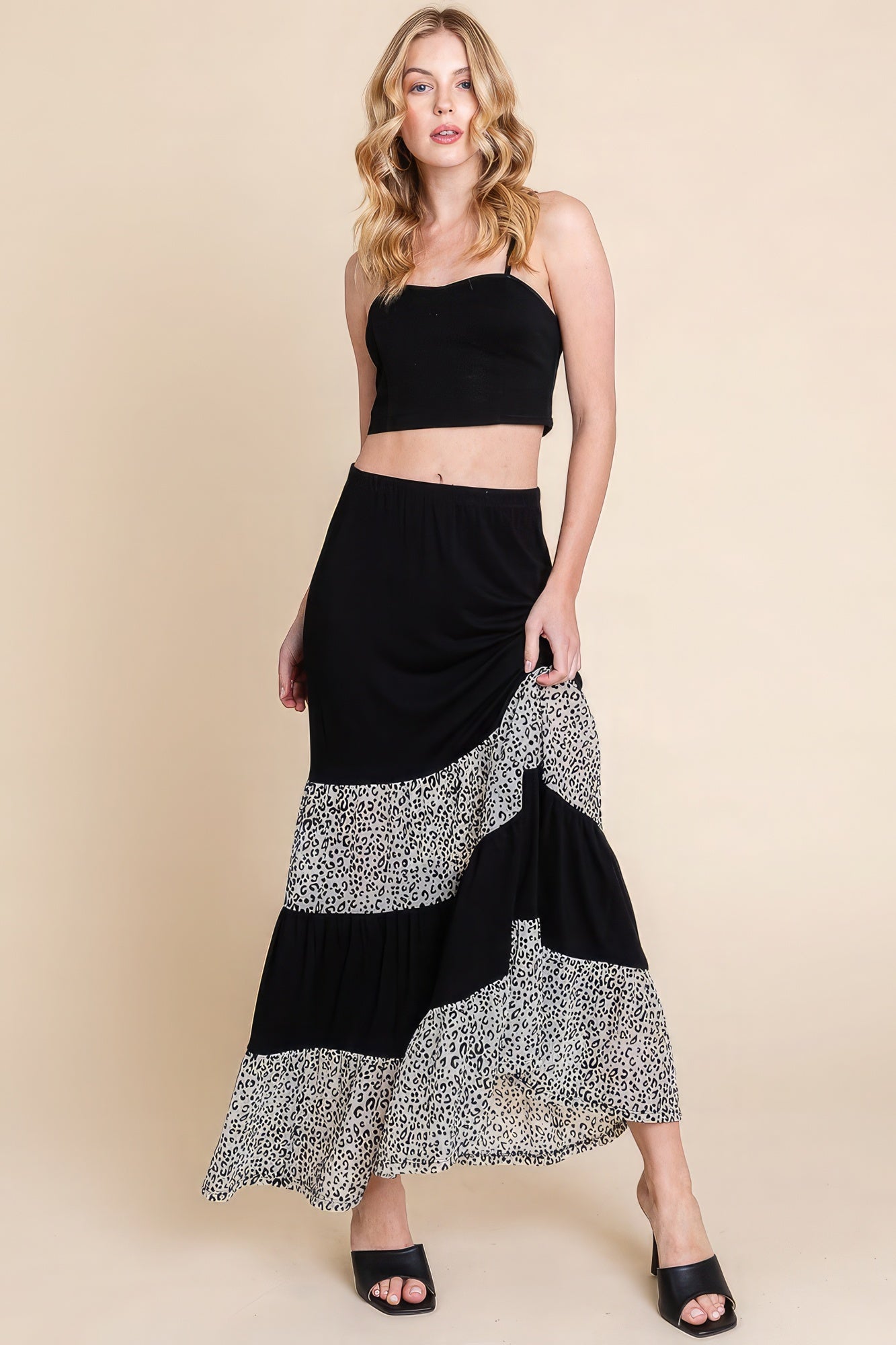 Long Tiered Contrast Fashion Skirt With Velvet Animal Print Mesh-58302.S--Love It Clothing