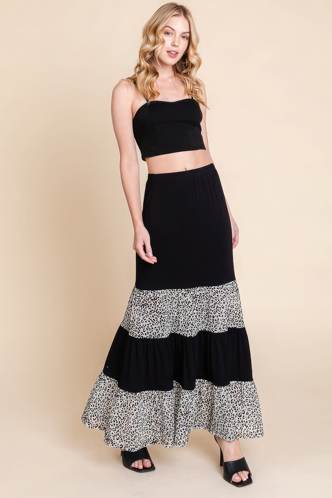 Long Tiered Contrast Fashion Skirt With Velvet Animal Print Mesh-58302.S--Love It Clothing