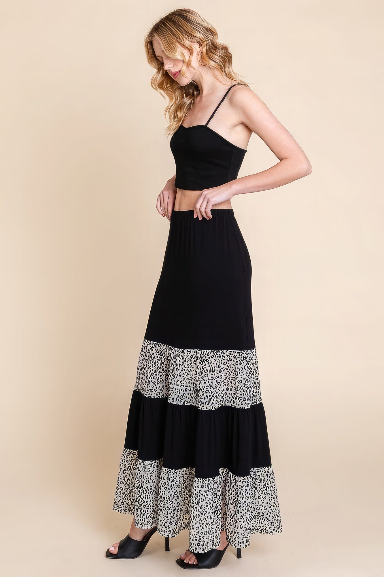 Long Tiered Contrast Fashion Skirt With Velvet Animal Print Mesh-58302.S--Love It Clothing