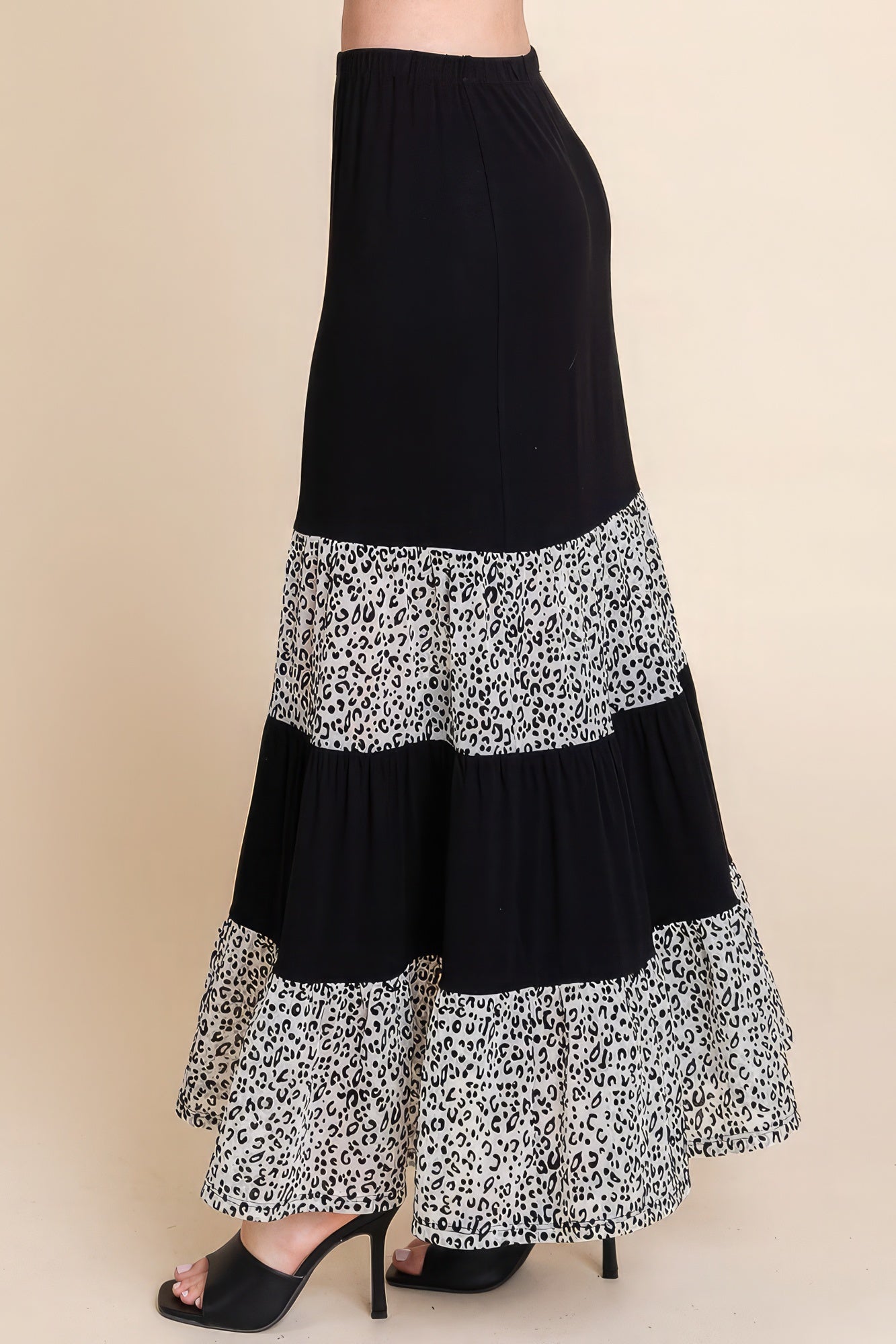 Long Tiered Contrast Fashion Skirt With Velvet Animal Print Mesh-58302.S--Love It Clothing