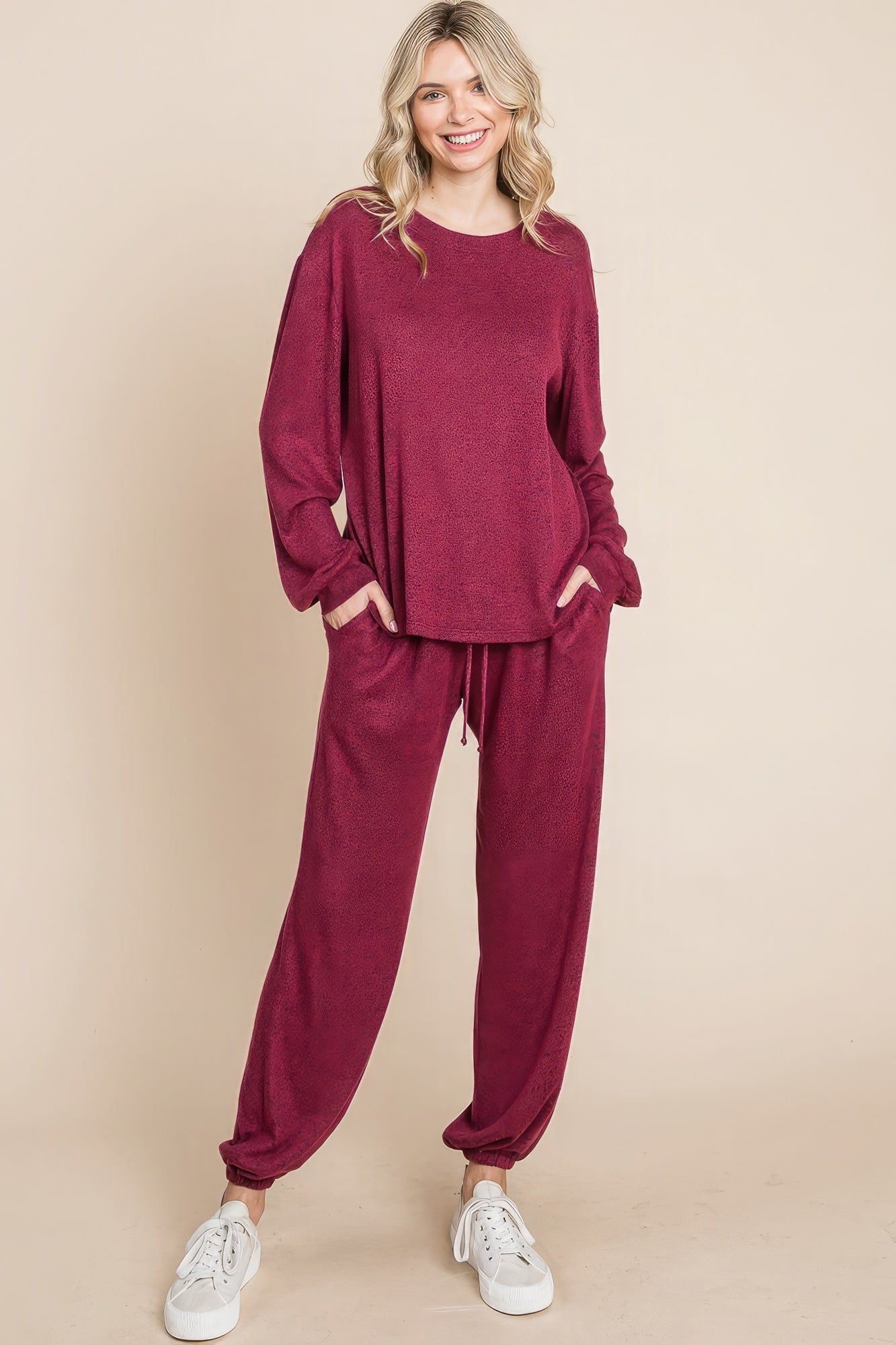 Two Tone Solid Warm And Soft Hacci Brush Loungewear Set-58304.S--Love It Clothing