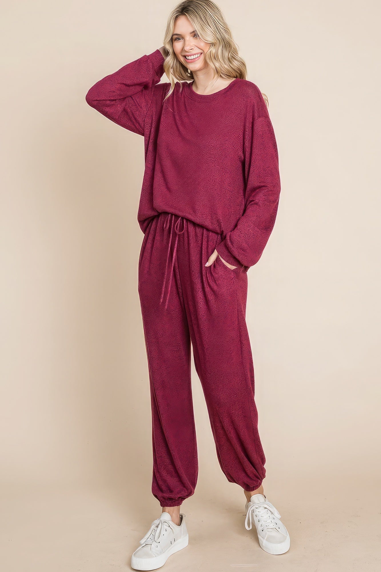 Two Tone Solid Warm And Soft Hacci Brush Loungewear Set-58304.S--Love It Clothing