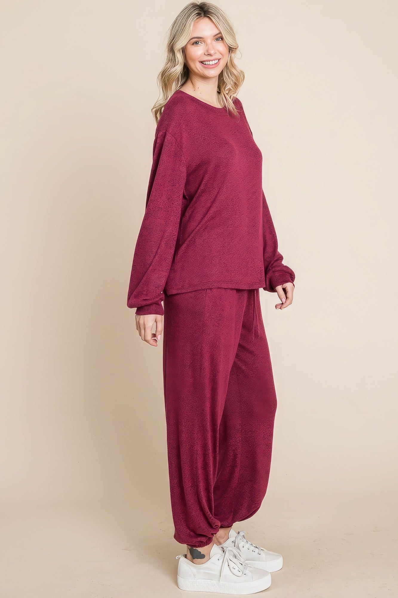 Two Tone Solid Warm And Soft Hacci Brush Loungewear Set-58304.S--Love It Clothing