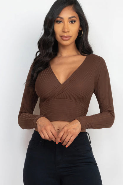 Ribbed Wrap Front Long Sleeve Top-58366.S-Select Size: S-Love It Clothing