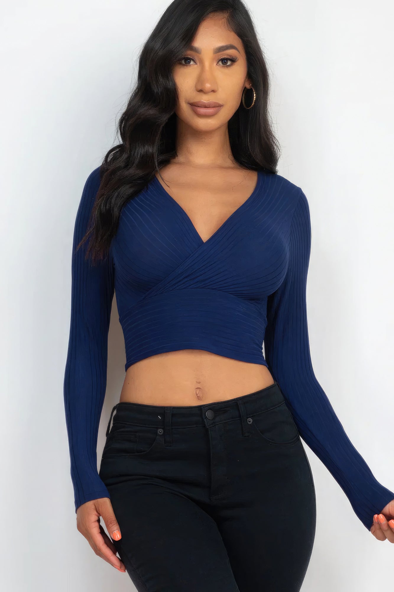 Ribbed Wrap Front Long Sleeve Top-58366a.S-Select Size: S-Love It Clothing