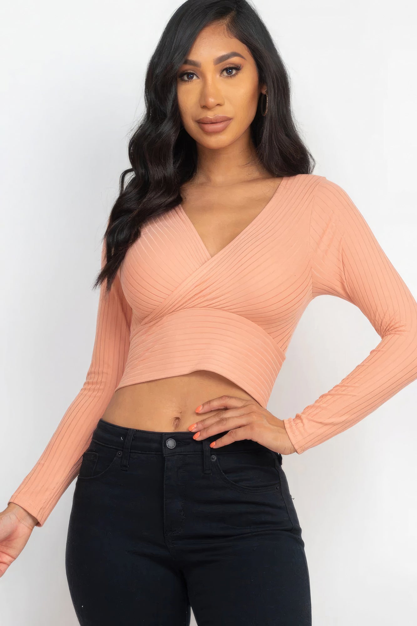 Ribbed Wrap Front Long Sleeve Top-58366b.S-Select Size: S-Love It Clothing