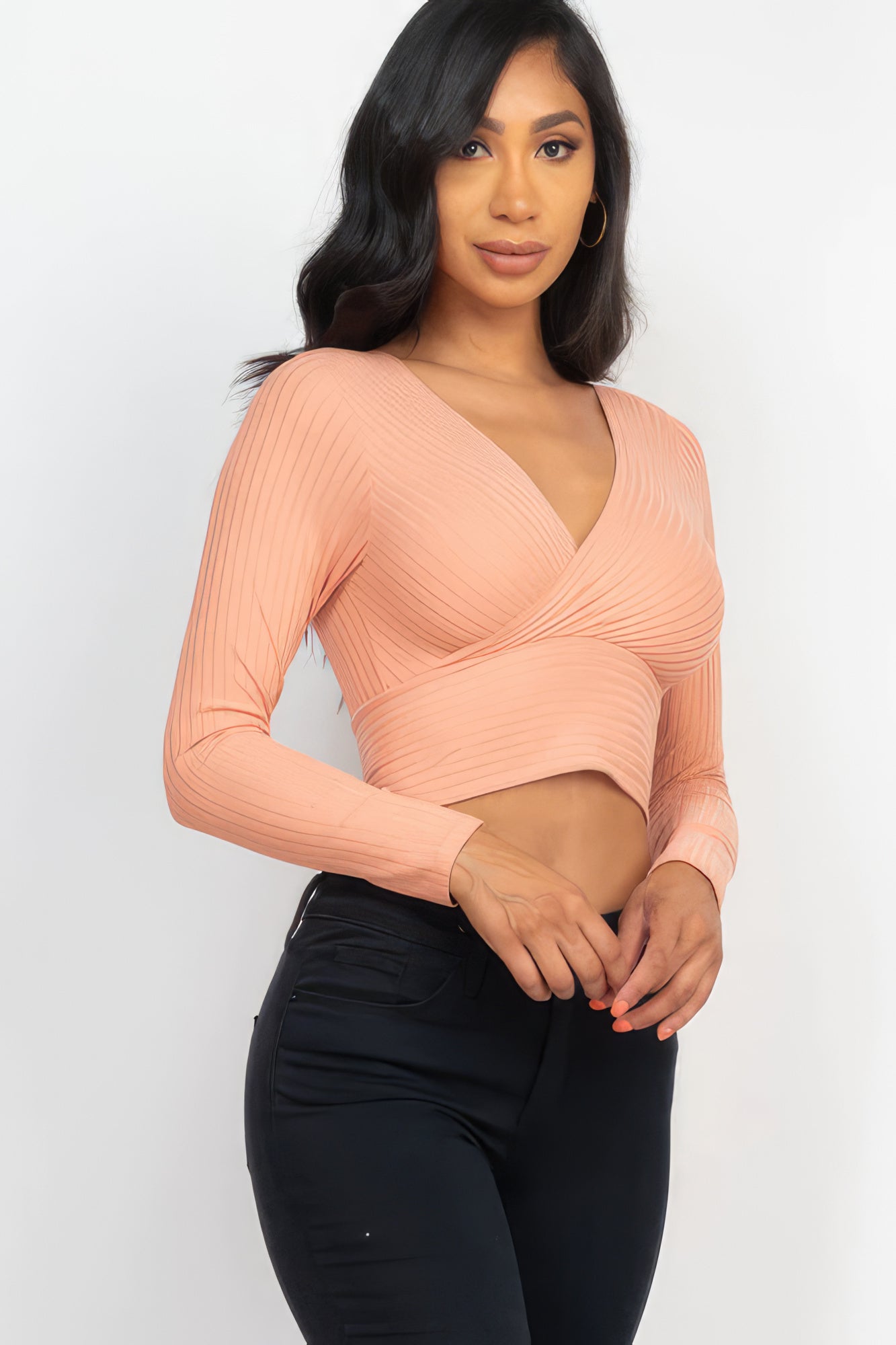 Ribbed Wrap Front Long Sleeve Top-58366.S-Select Size: S, M, L-Love It Clothing