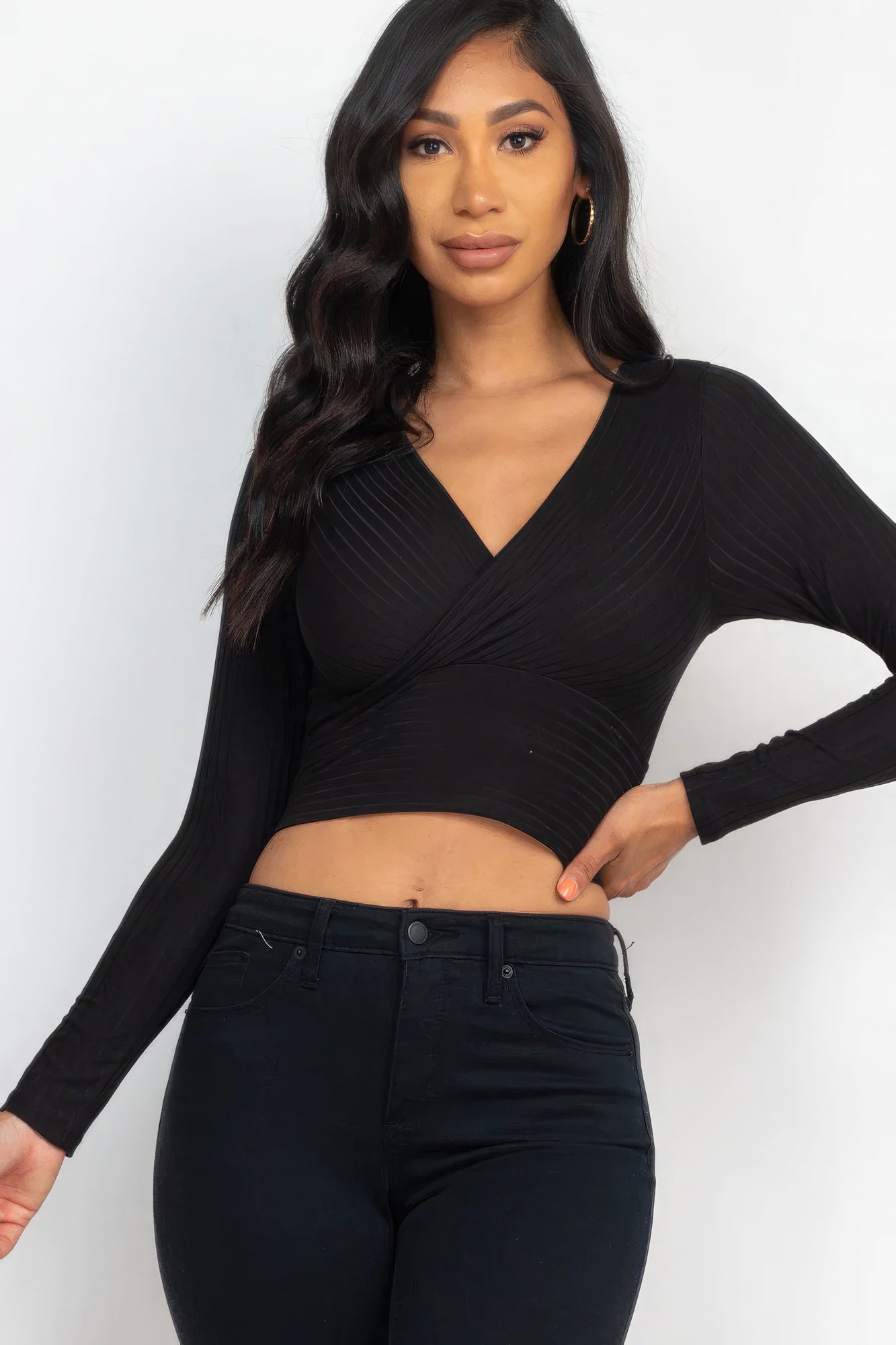 Ribbed Wrap Front Long Sleeve Top-58366c.S-Select Size: S-Love It Clothing