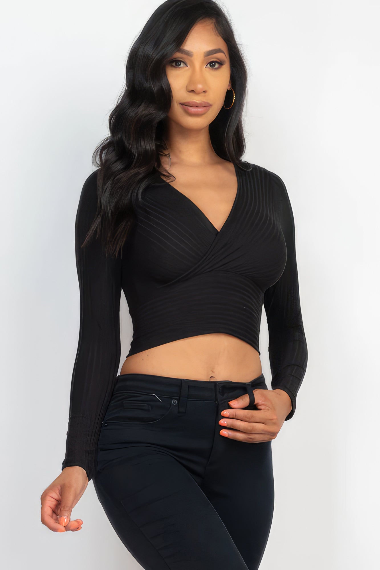 Ribbed Wrap Front Long Sleeve Top-58366.S-Select Size: S, M, L-Love It Clothing