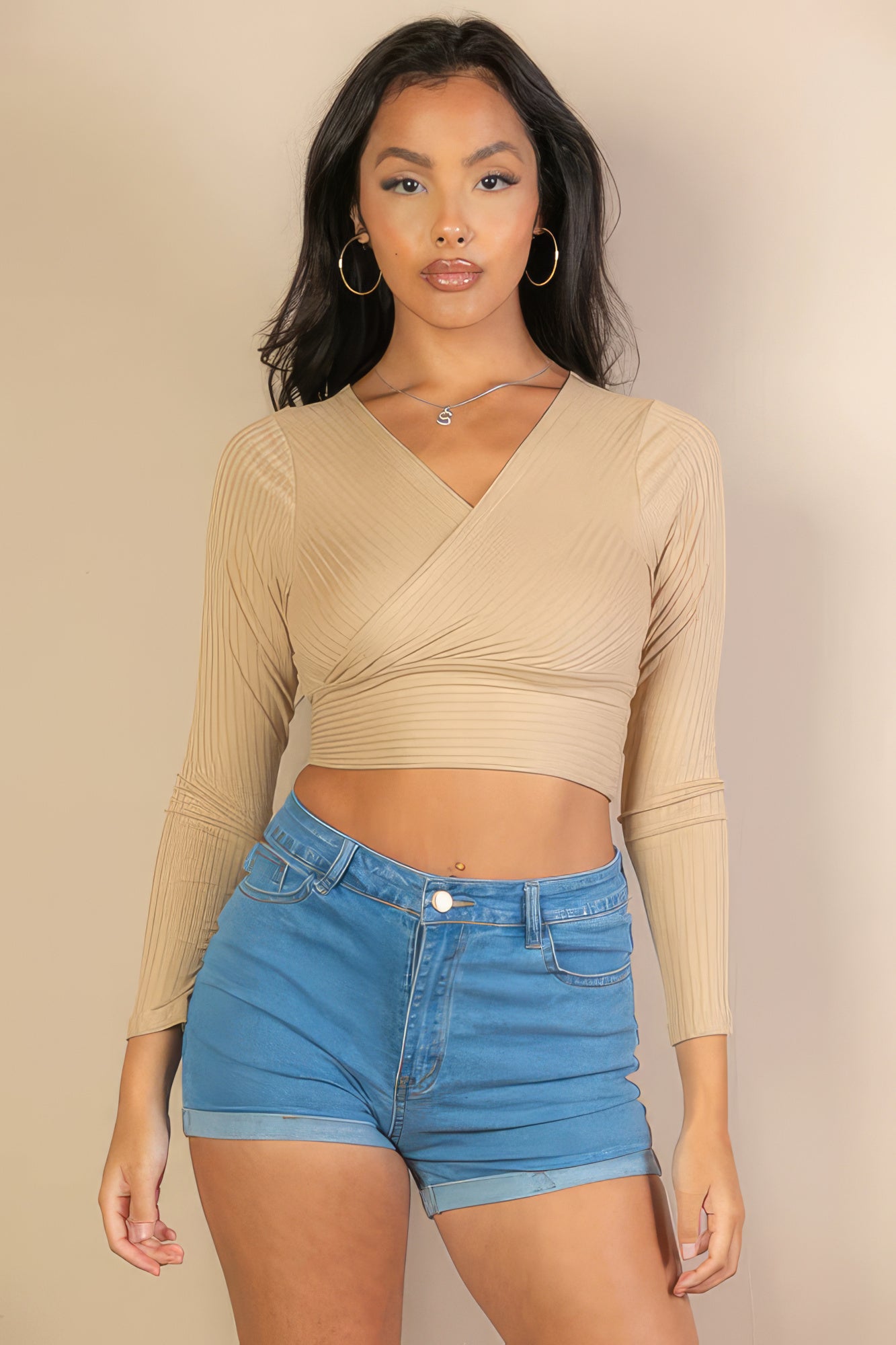 Ribbed Wrap Front Long Sleeve Top-58366e.S-Select Size: S-Love It Clothing