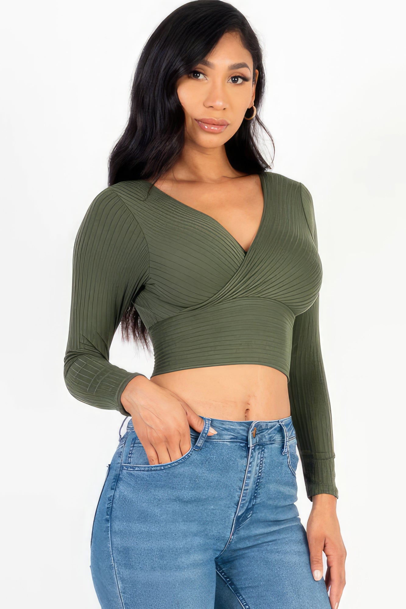 Ribbed Wrap Front Long Sleeve Top-58366g.S-Select Size: S-Love It Clothing