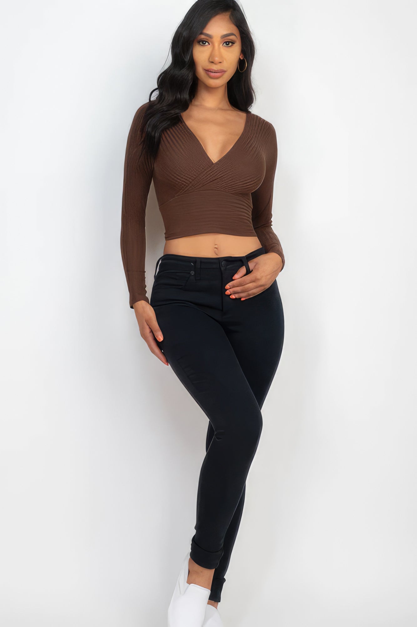 Ribbed Wrap Front Long Sleeve Top-58366.S-Select Size: S, M, L-Love It Clothing