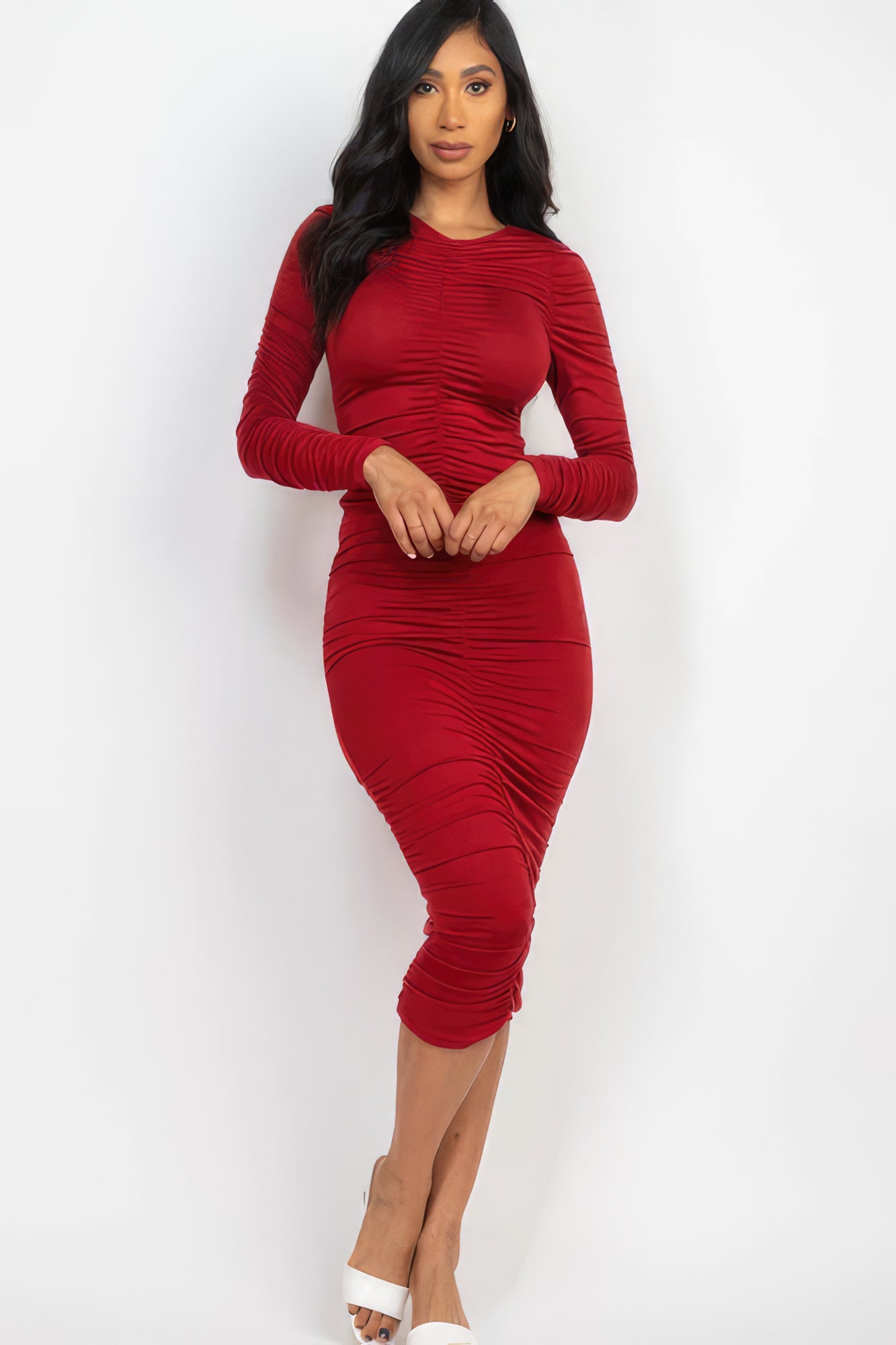 Ruched Long Sleeve Midi Dress-58368.S-Select Size: S, M, L-Love It Clothing