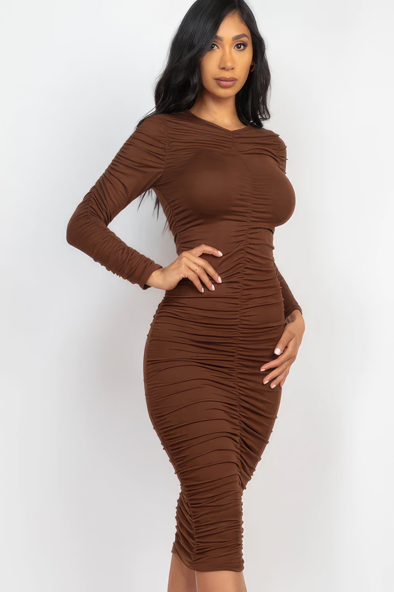 Ruched Long Sleeve Midi Dress-58368.S-Select Size: S, M, L-Love It Clothing