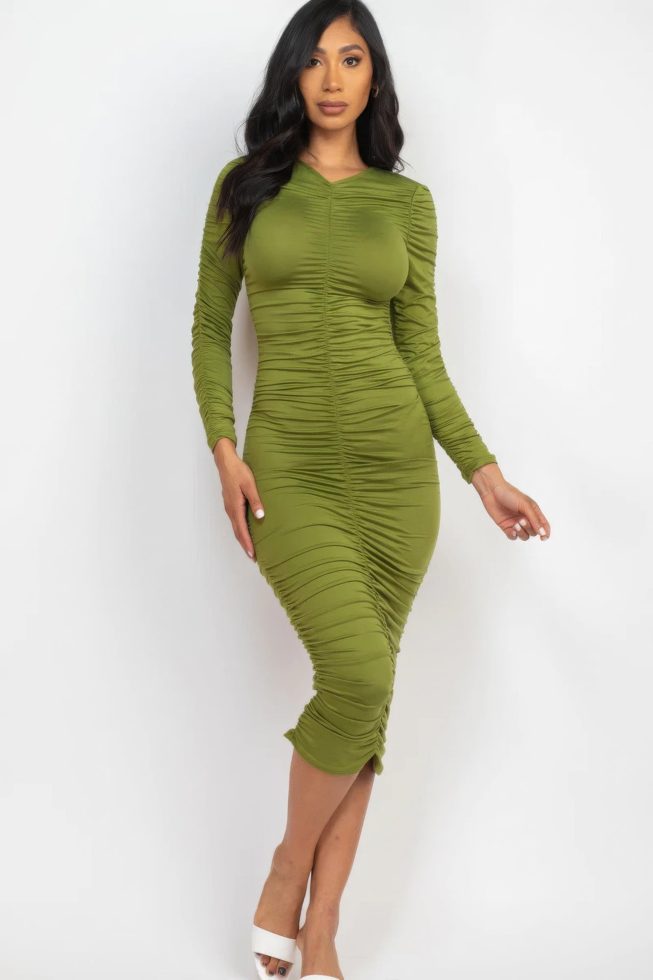 Ruched Long Sleeve Midi Dress-58368d.S-Select Size: S-Love It Clothing