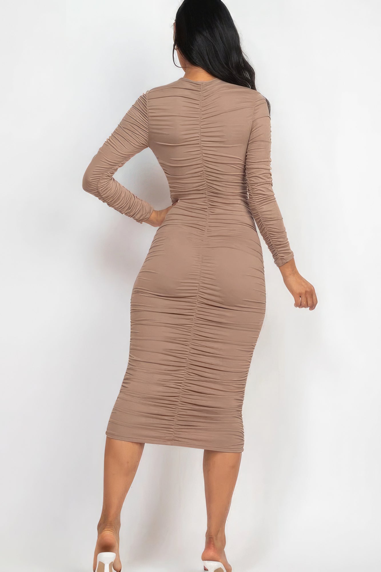 Ruched Long Sleeve Midi Dress-58368.S-Select Size: S, M, L-Love It Clothing