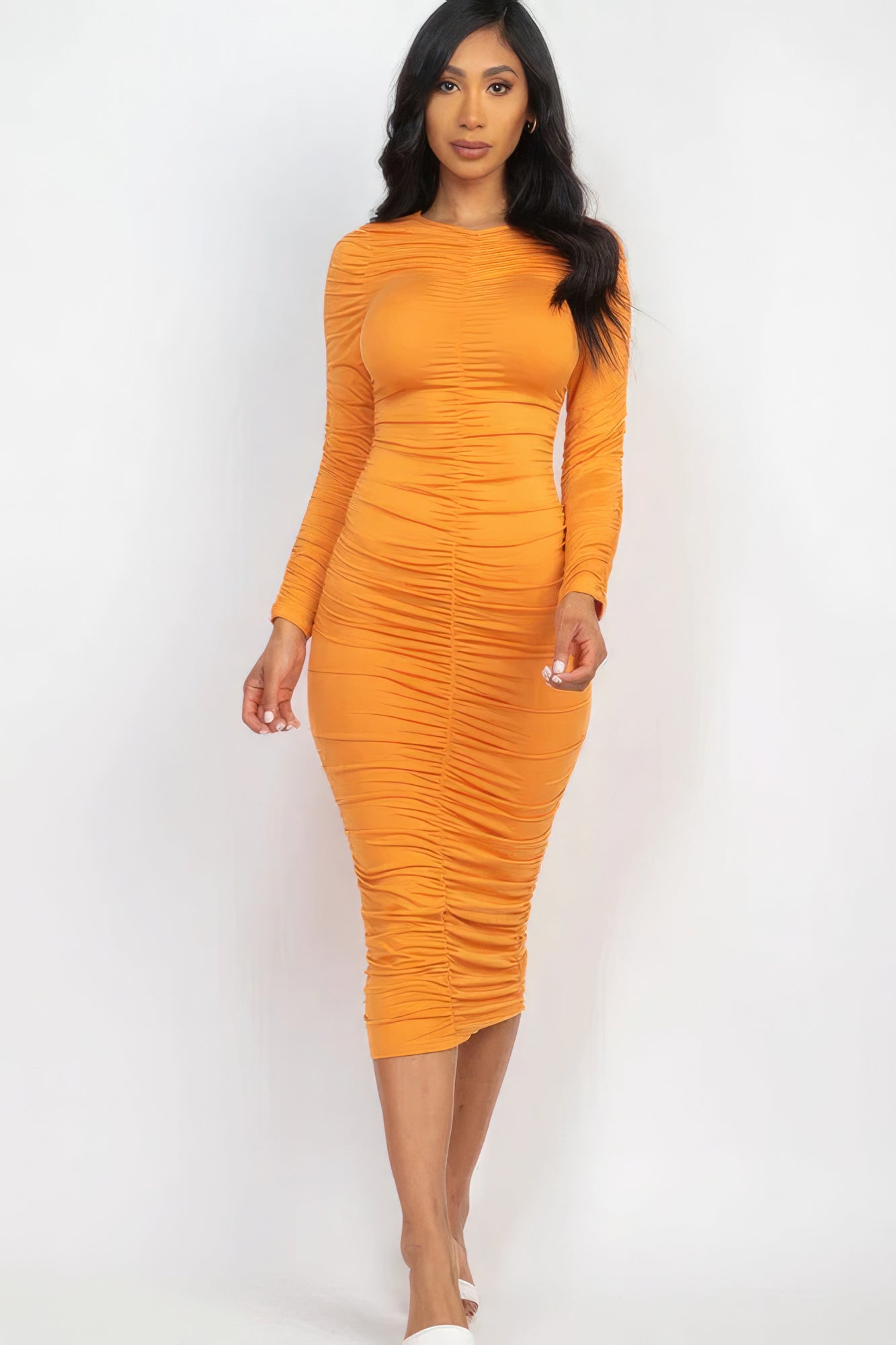 Ruched Long Sleeve Midi Dress-58368.S-Select Size: S, M, L-Love It Clothing