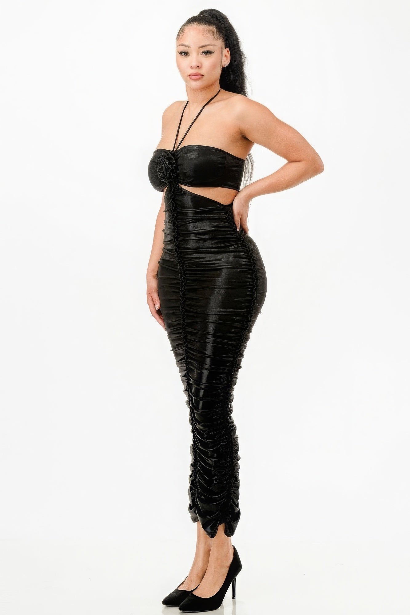 Metallic Rushed Halter Dress-58373a.S--Love It Clothing