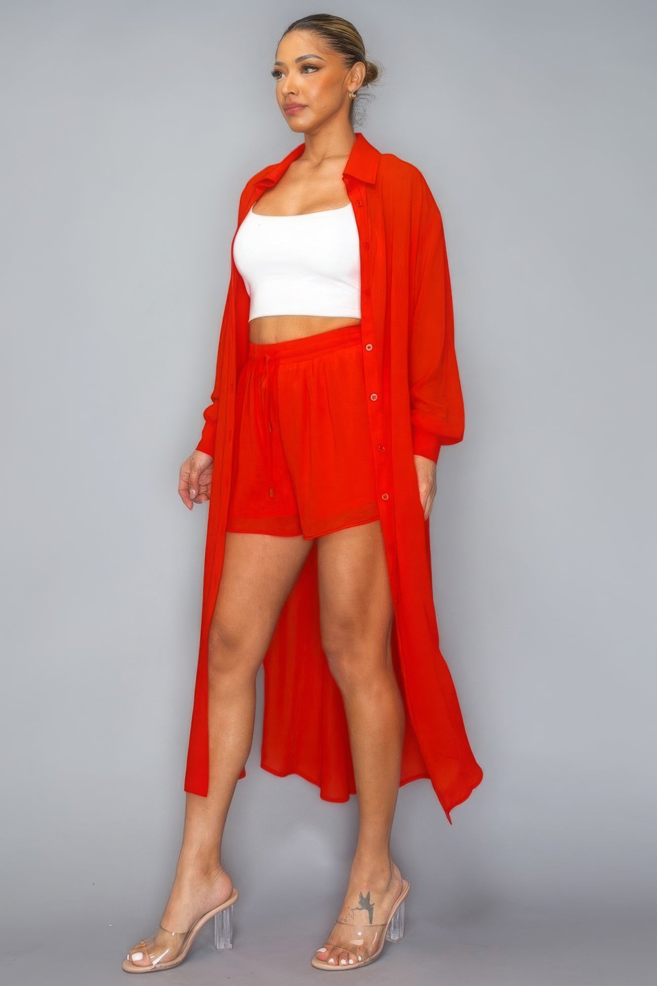 Chiffon Button Down Long Sleeve Side Slit Long Top With Short Set-58405.S-Select Size: S, M, L-Love It Clothing