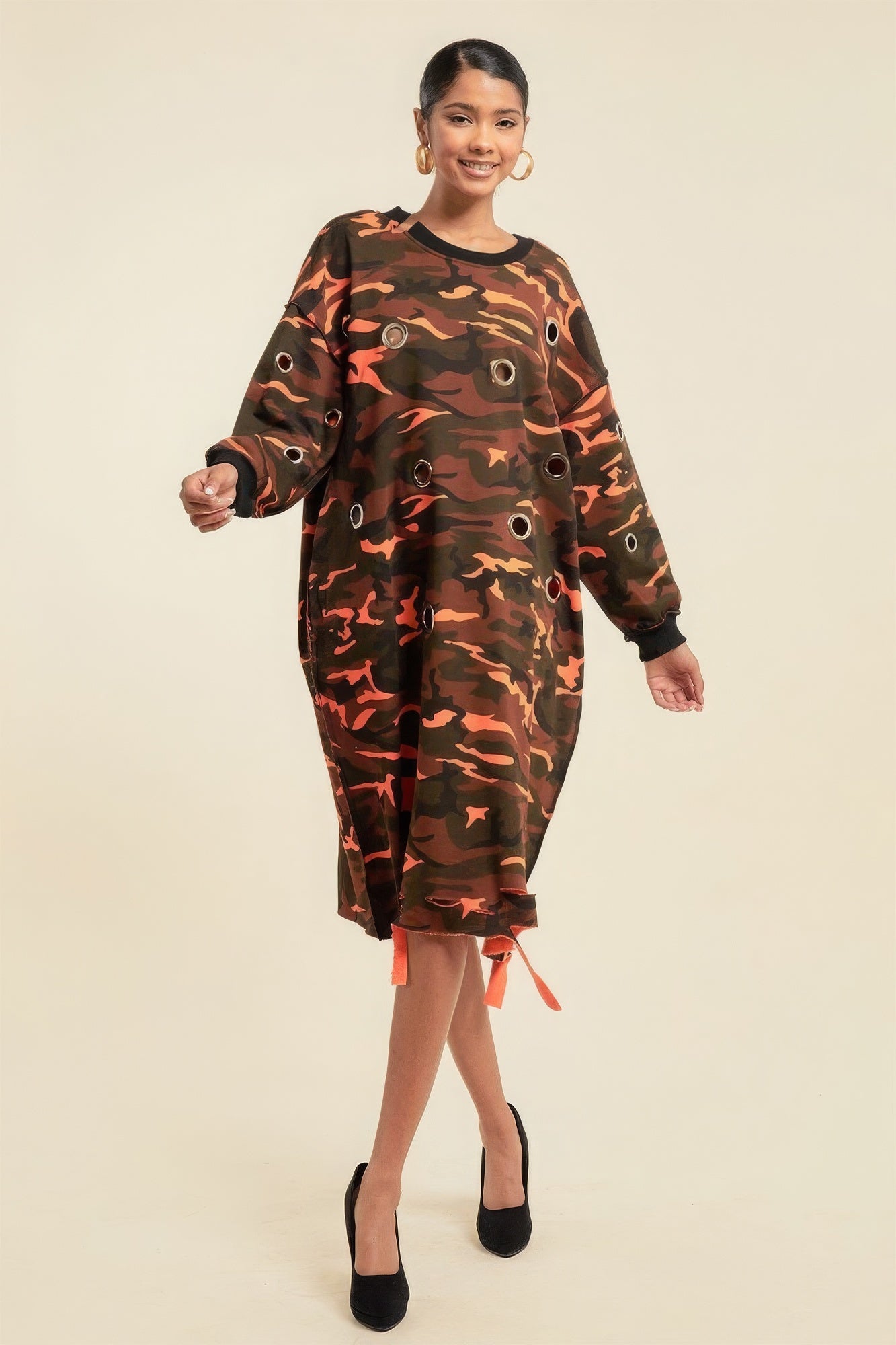 Camouflage Printed Midi Dress With Rings-58422a.S--Love It Clothing