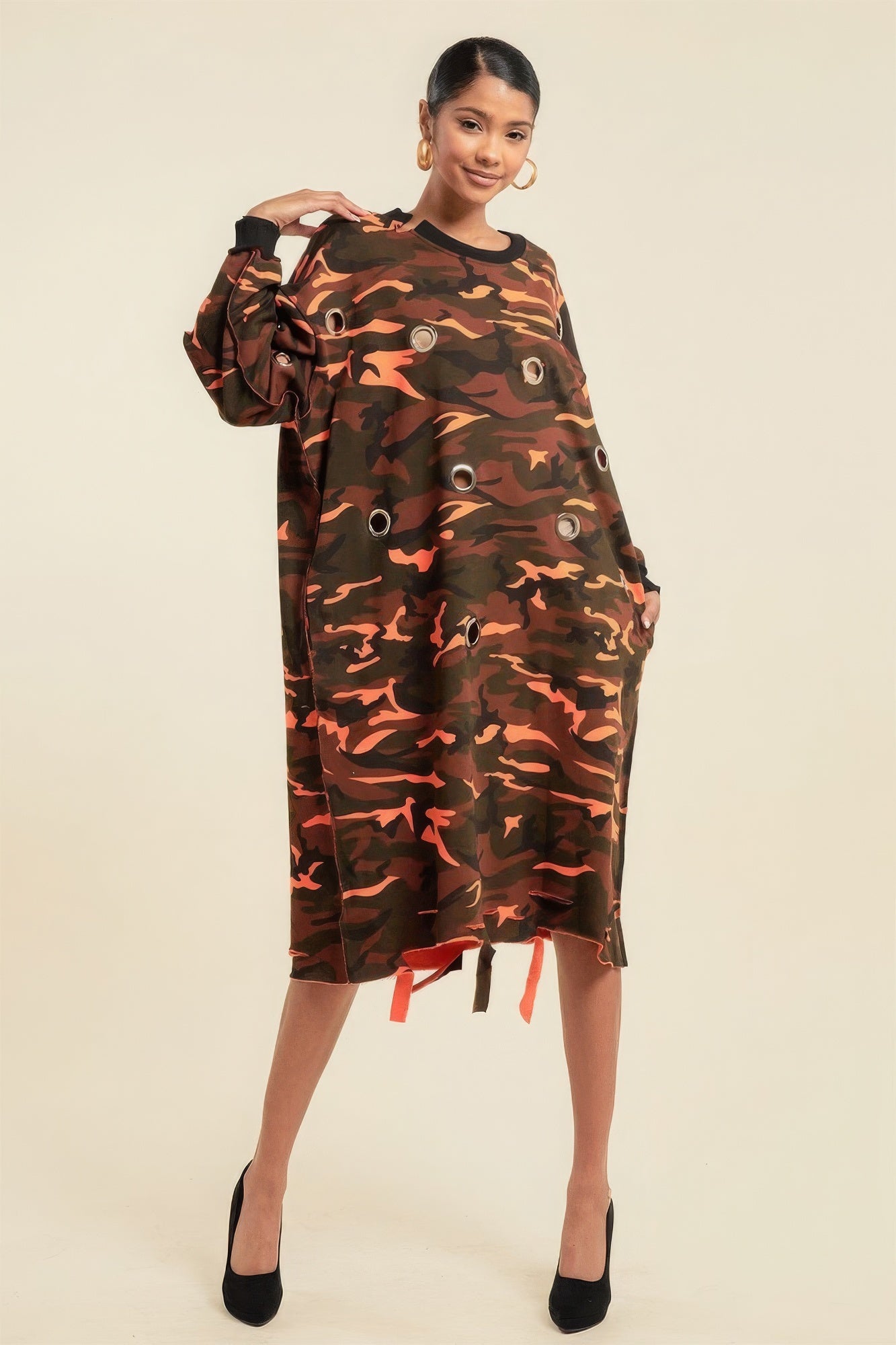 Camouflage Printed Midi Dress With Rings-58422a.S--Love It Clothing