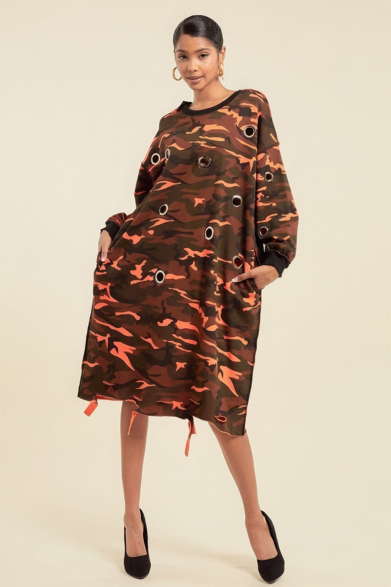 Camouflage Printed Midi Dress With Rings-58422a.S--Love It Clothing