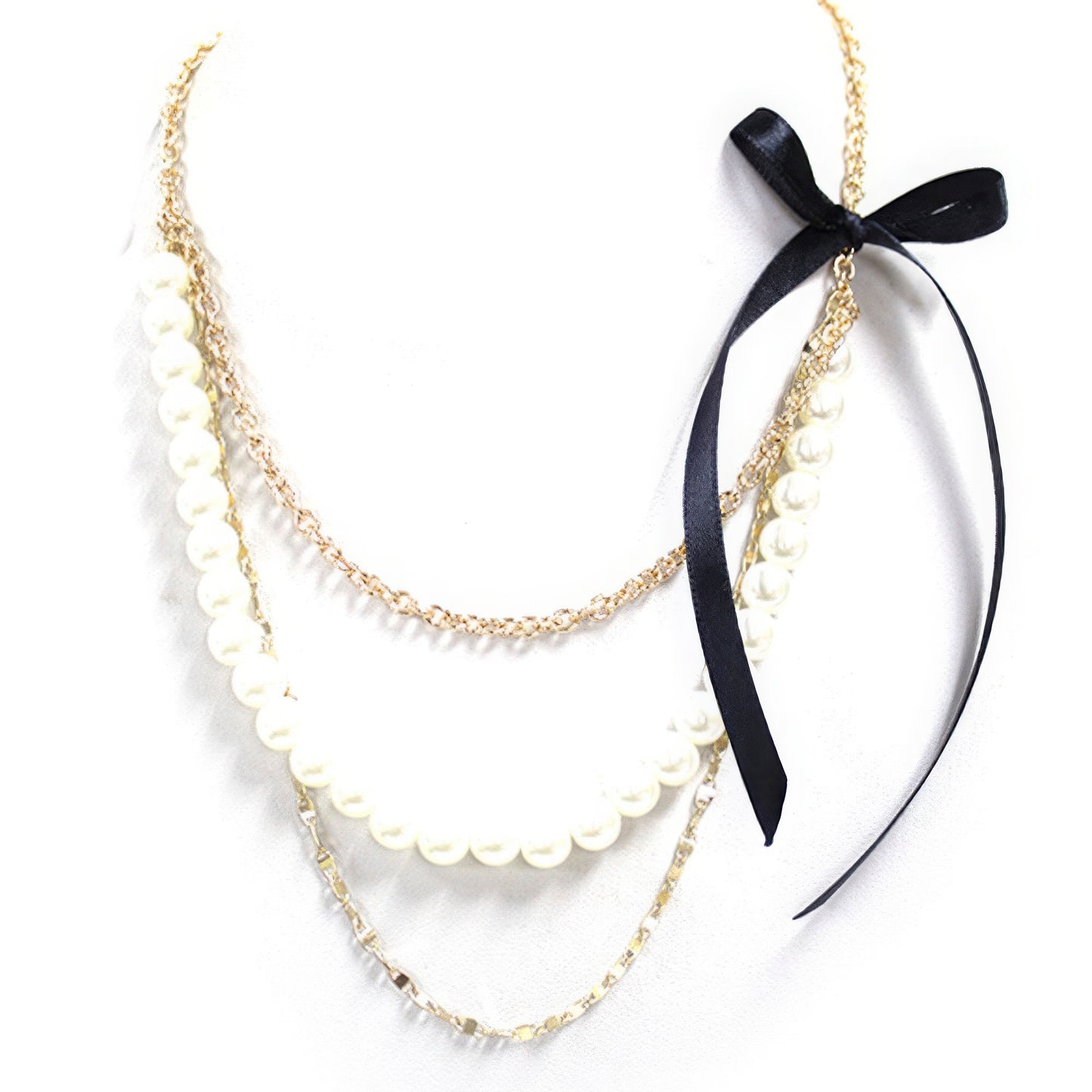 Pearl Layered Ribbon Long Necklace-58432.GDBK--Love It Clothing