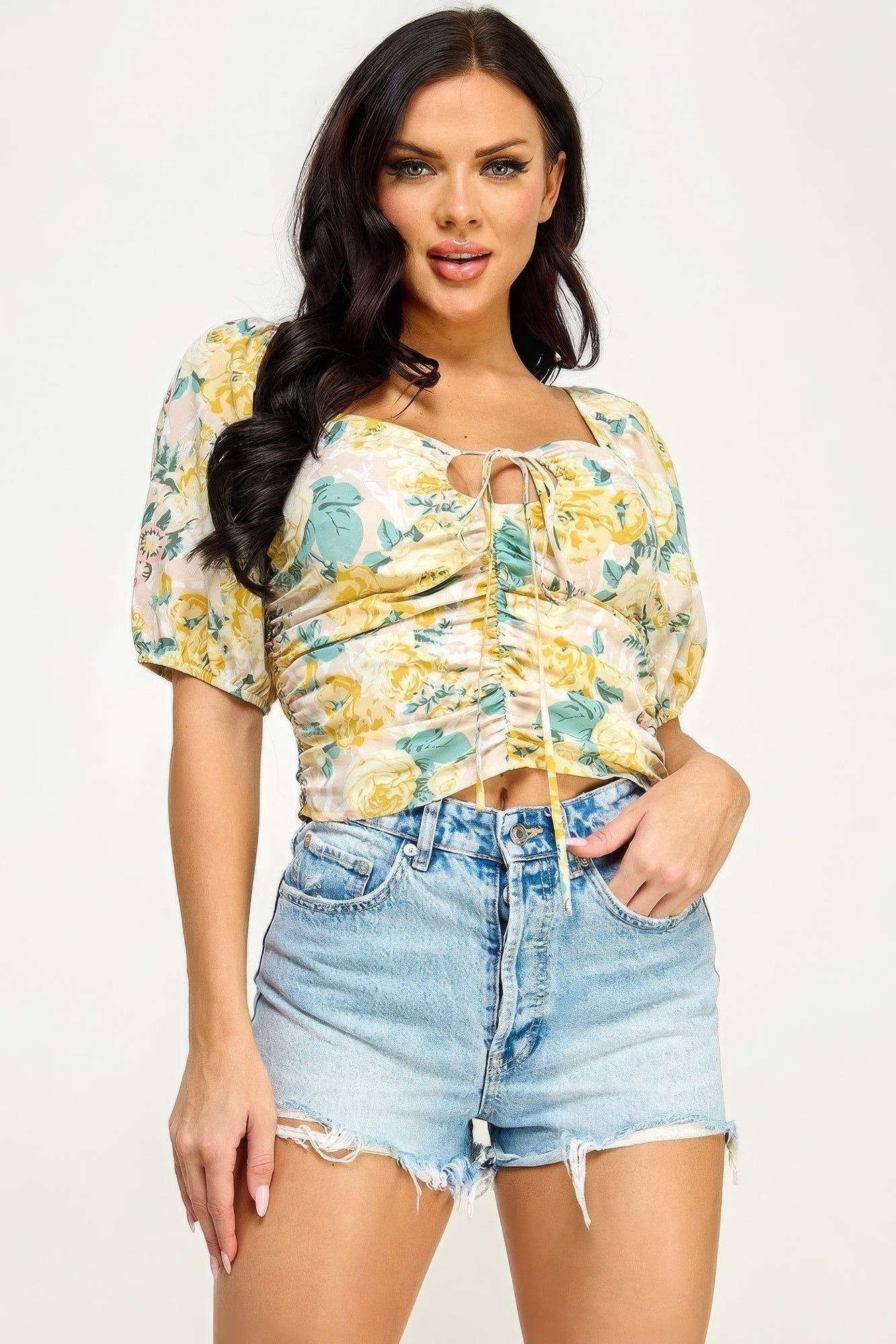 Floral Print Lace Up Ruched Crop Top-58456.S-Select Size: S-Love It Clothing