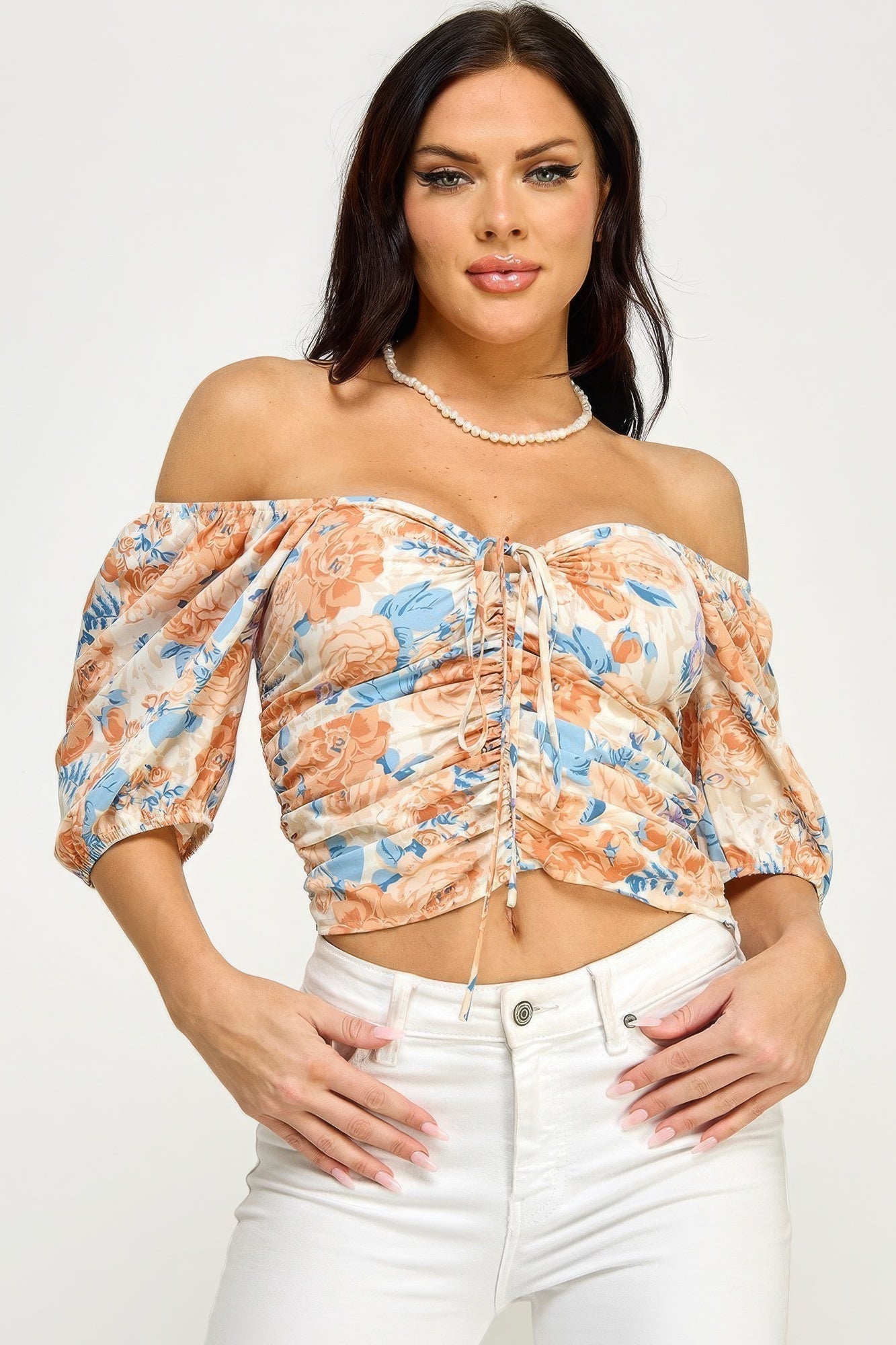 Floral Print Lace Up Ruched Crop Top-58456.S-Select Size: S, M, L-Love It Clothing