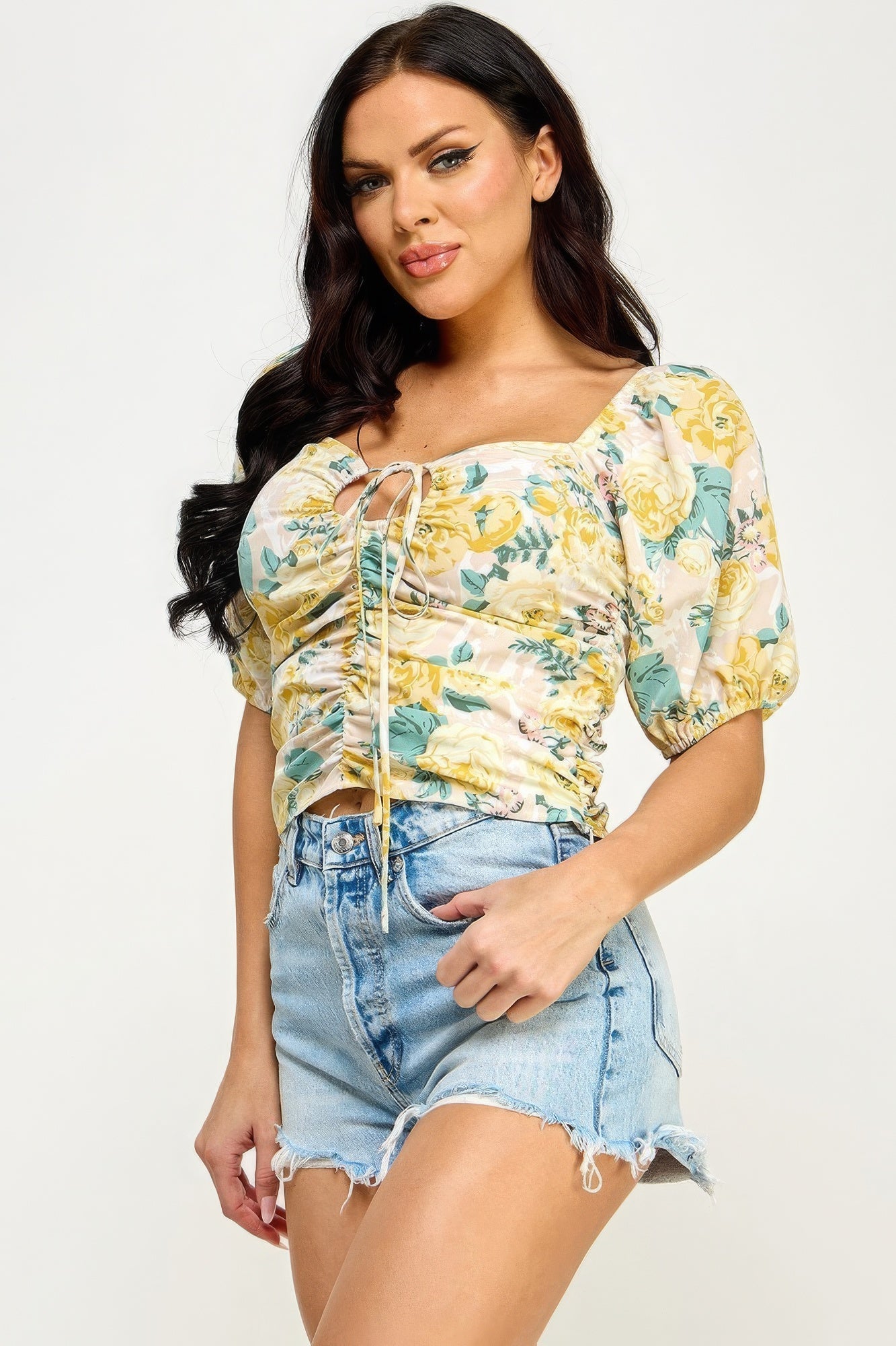 Floral Print Lace Up Ruched Crop Top-58456.S-Select Size: S, M, L-Love It Clothing