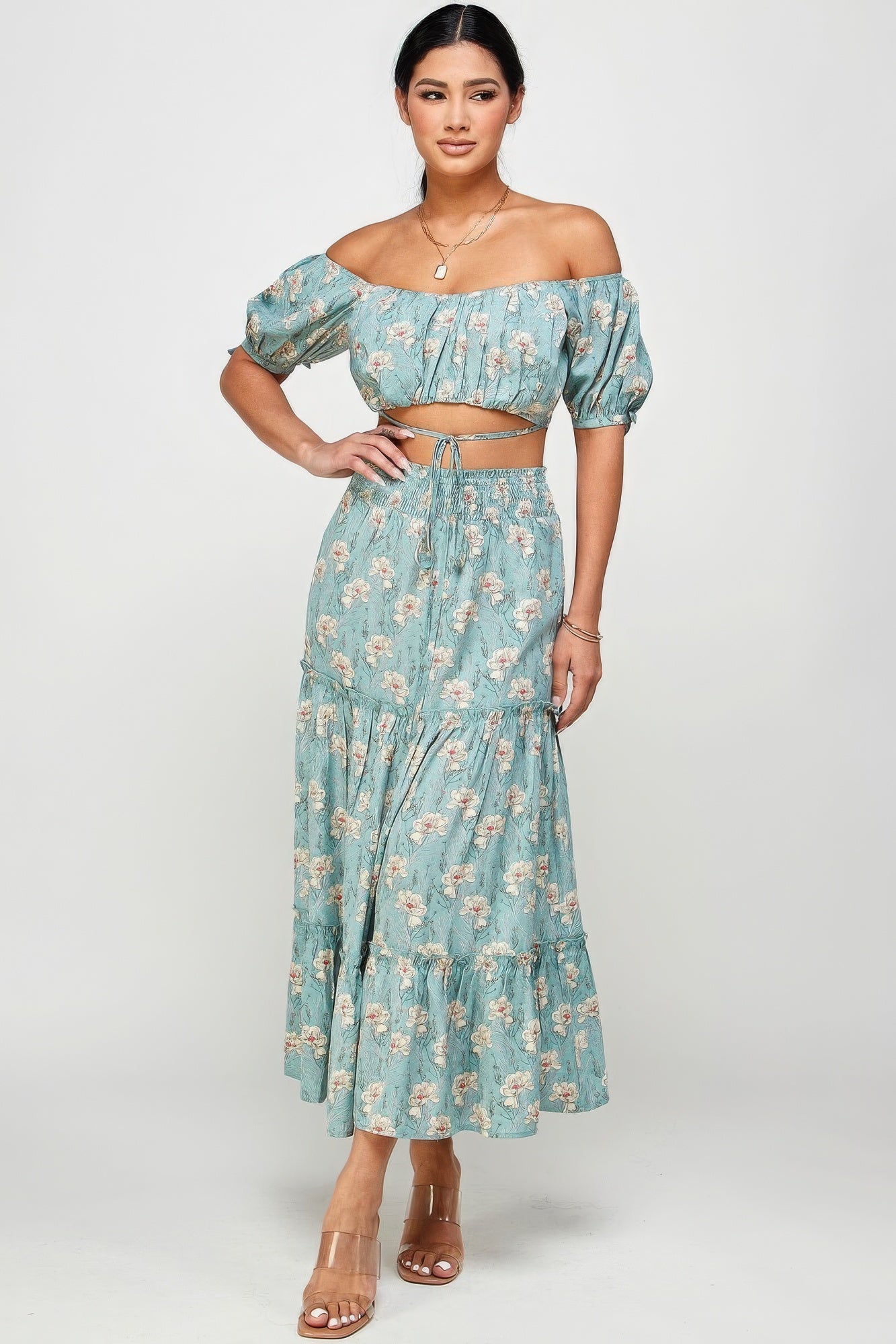 Floral Off Shoulder Sleeve Back Tie Top Skirt Set-58458.S--Love It Clothing